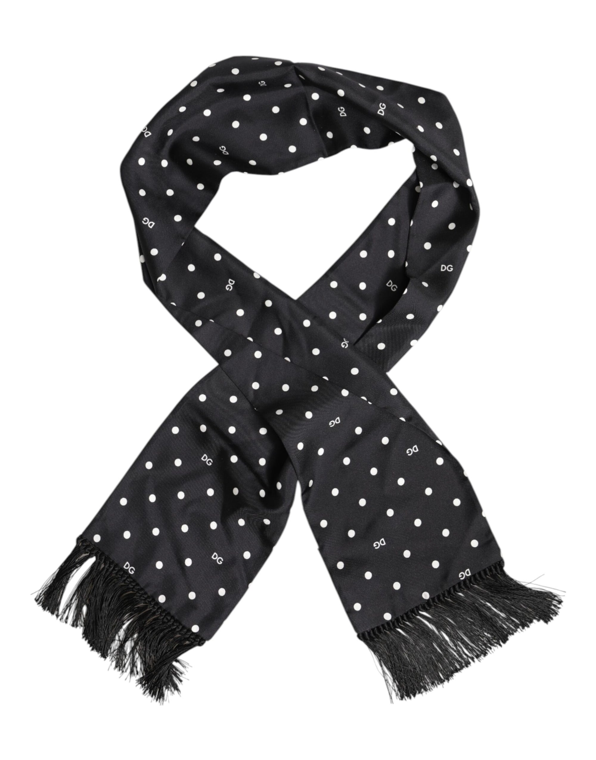 Dolce &amp; Gabbana Black White Polka Dot Fringes Foulard Scarf