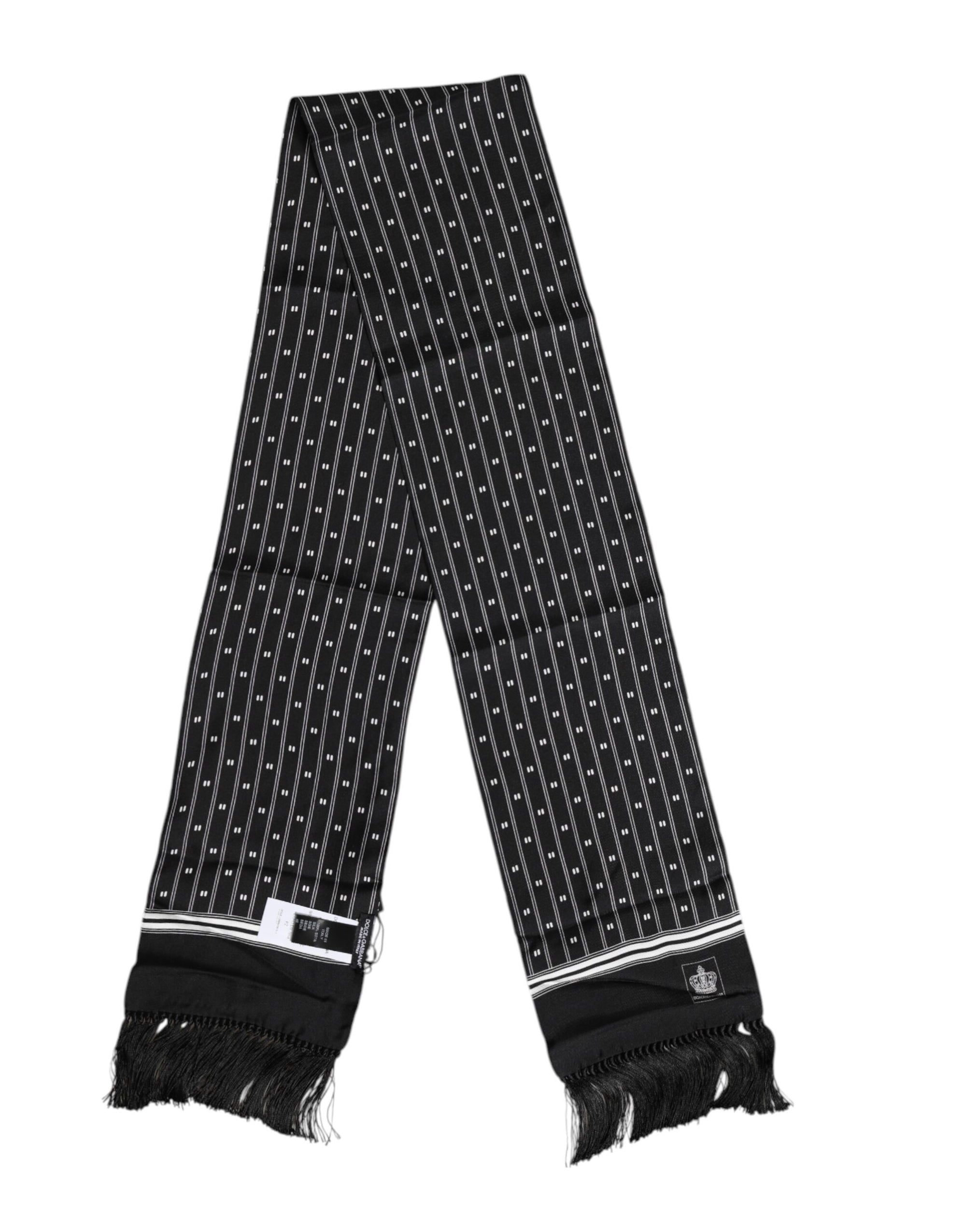 Dolce & Gabbana Black Silk Printed Fringes Men Foulard Scarf