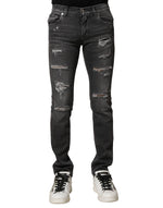 Dolce & Gabbana Black Washed Tattered Slim Fit Denim Jeans