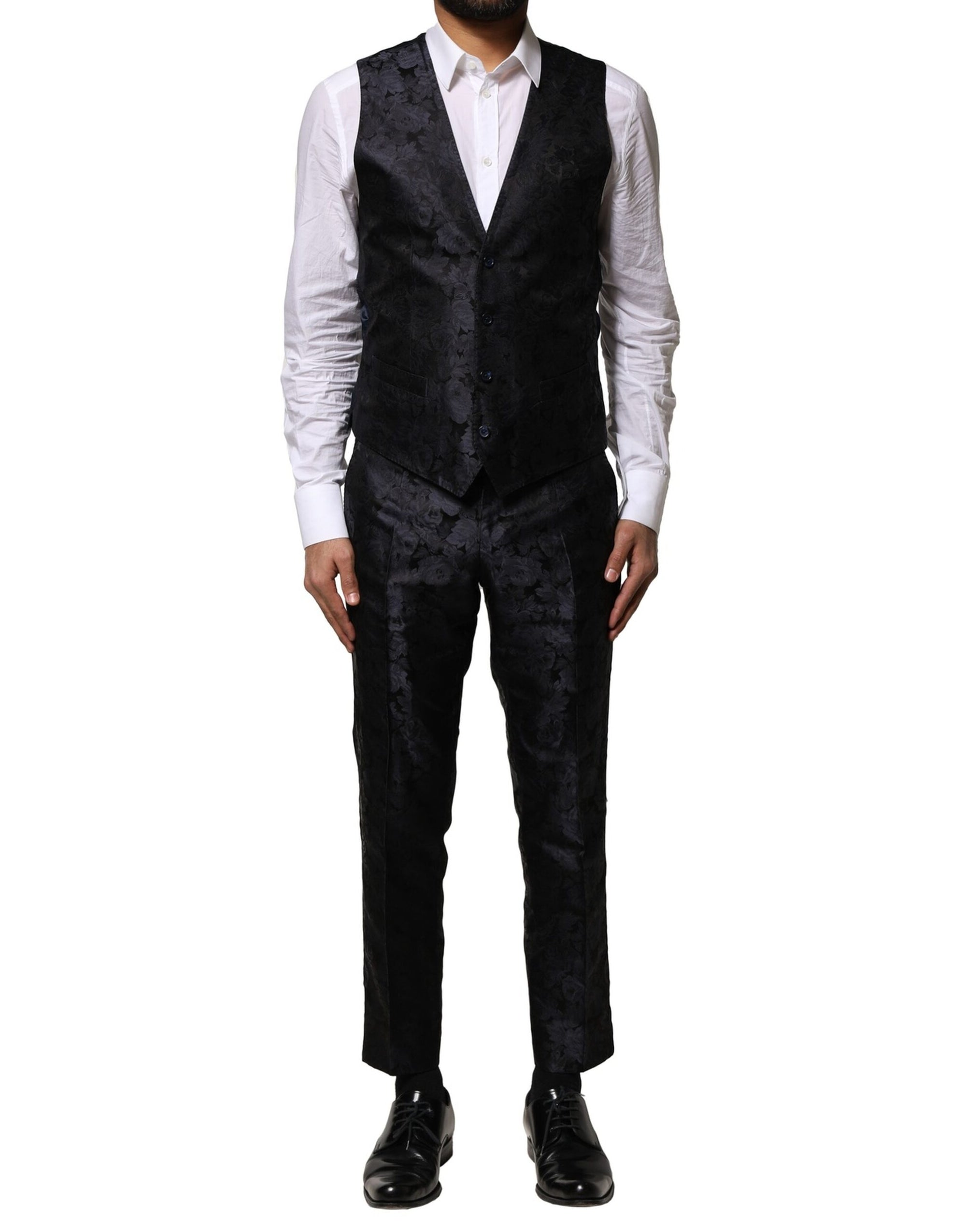 Costume 3 pièces simple boutonnage en jacquard noir Dolce &amp; Gabbana
