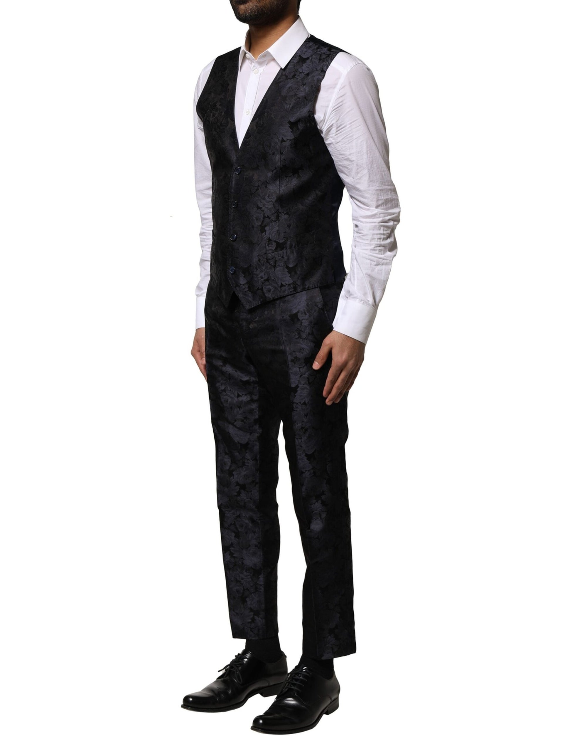Costume 3 pièces simple boutonnage en jacquard noir Dolce &amp; Gabbana