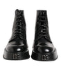 Dolce & Gabbana Black Leather Logo Ankle Boots Lace Up Shoes