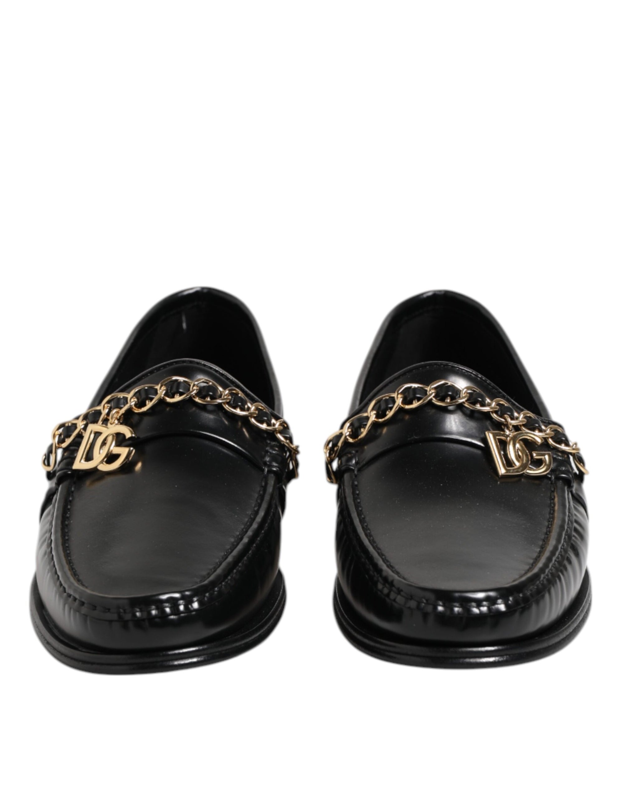 Dolce &amp; Gabbana Black Leather Chain Slip On Loafers Men Dress Shoes