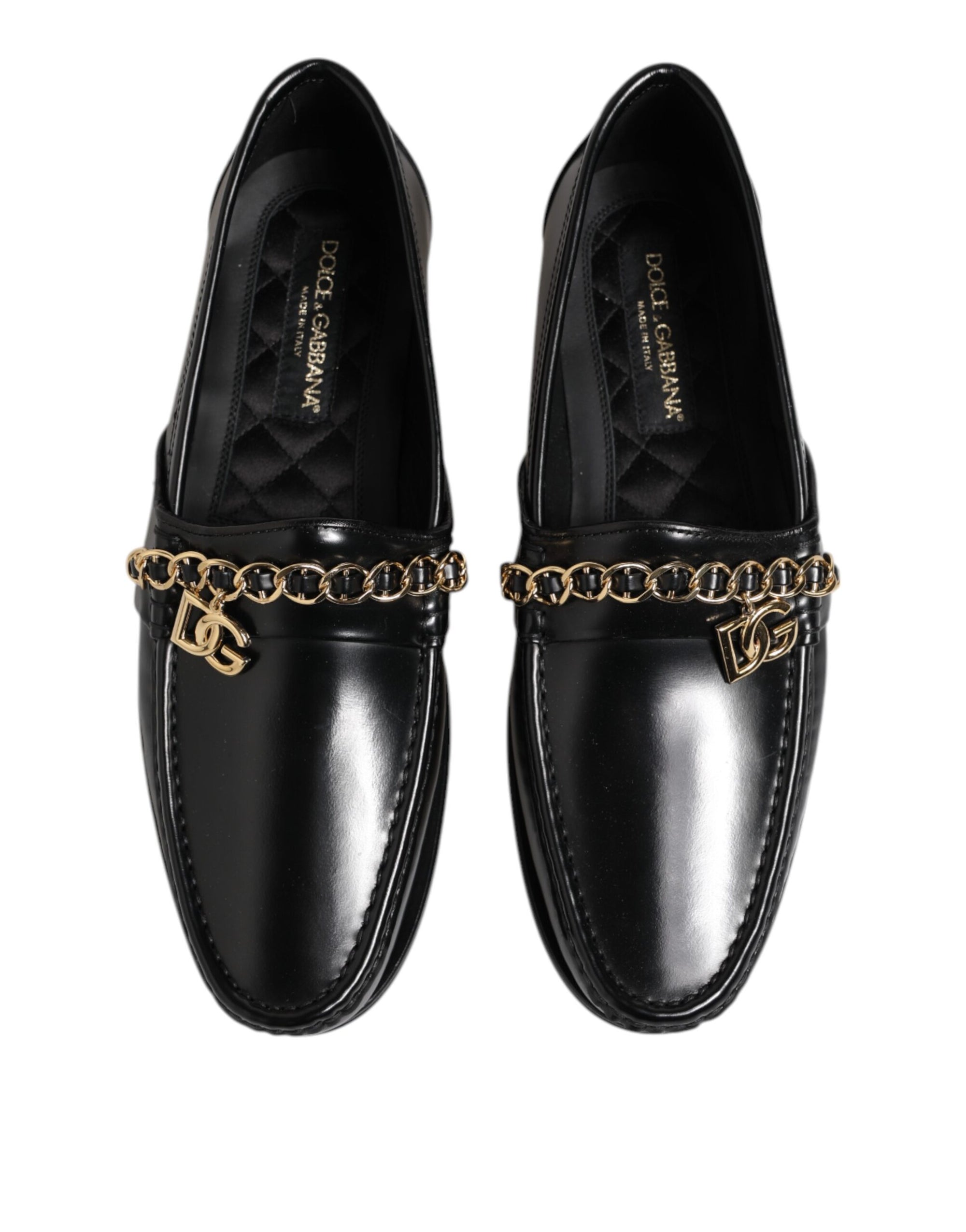 Dolce &amp; Gabbana Black Leather Chain Slip On Loafers Men Dress Shoes