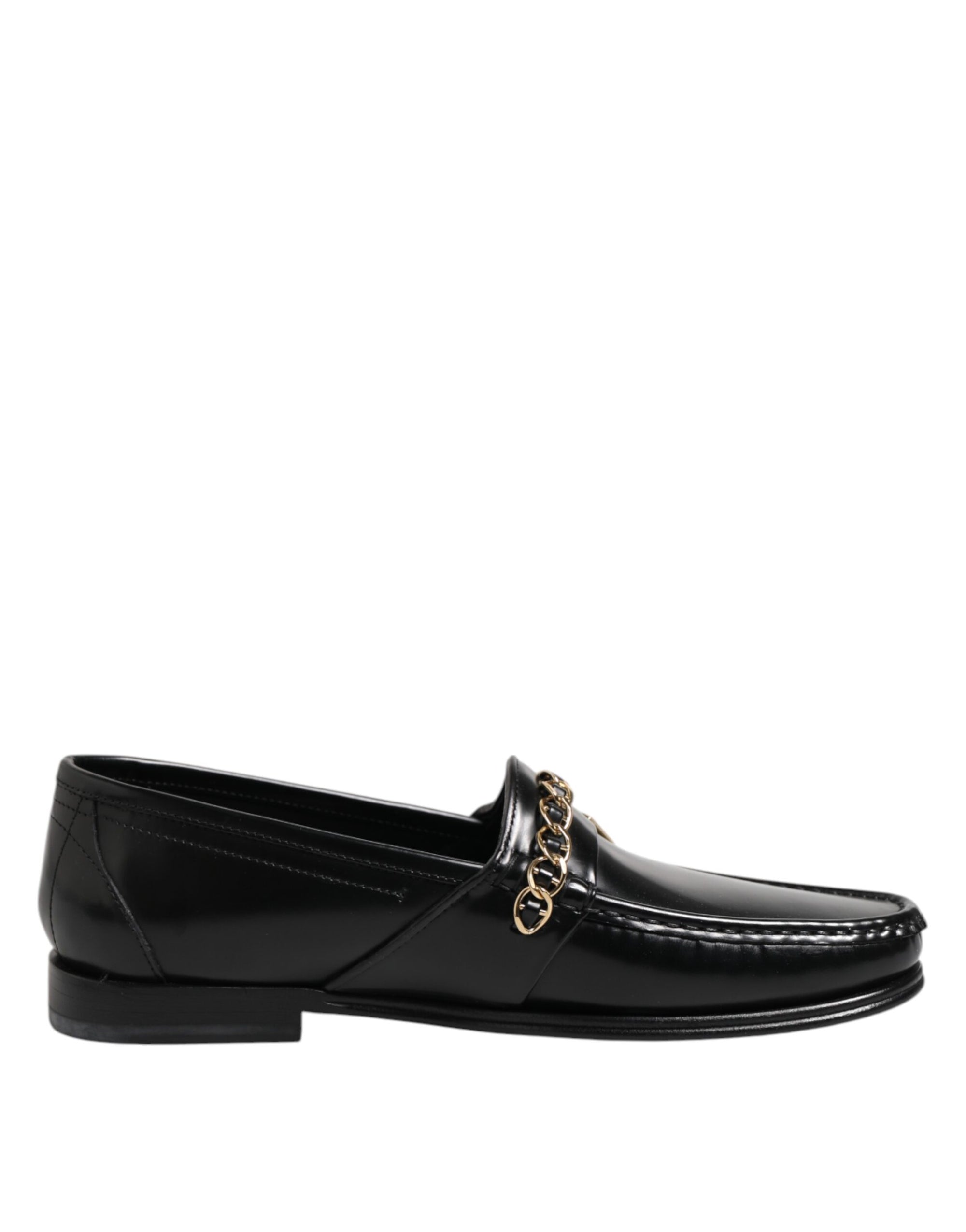Dolce &amp; Gabbana Black Leather Chain Slip On Loafers Men Dress Shoes