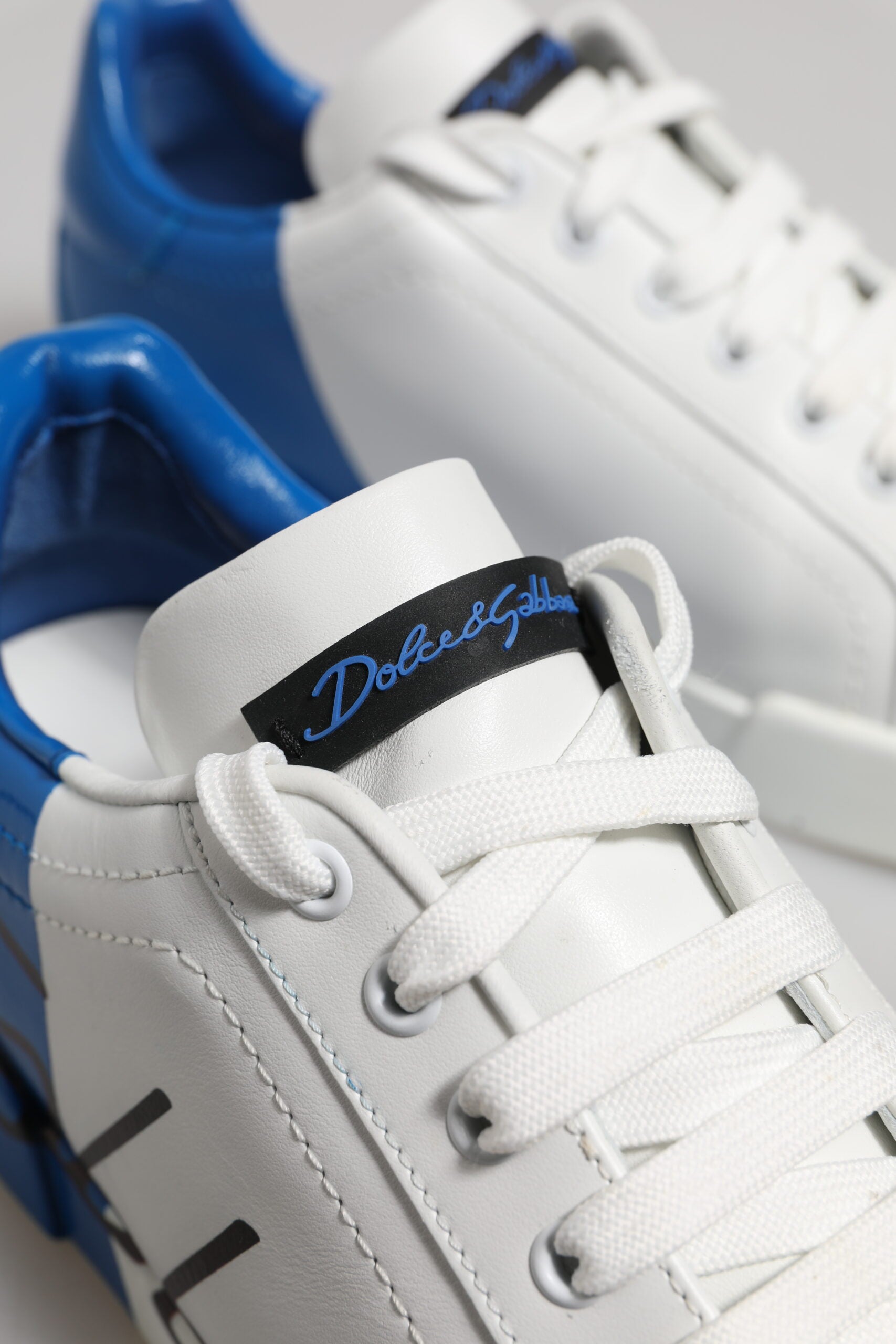 Dolce &amp; Gabbana White Blue Low Top Leather Sneakers Shoes
