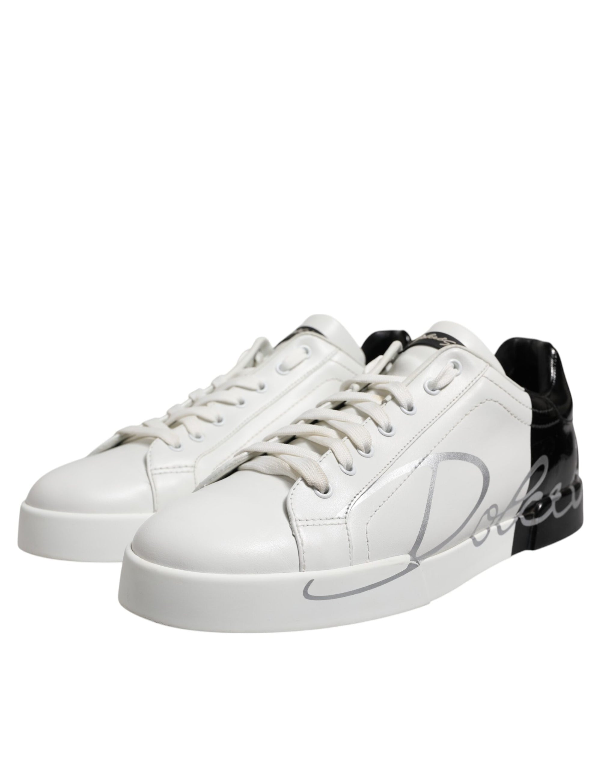 Dolce &amp; Gabbana White Black Logo Low Top Leather Sneakers Shoes