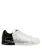 Dolce &amp; Gabbana White Black Logo Low Top Leather Sneakers Shoes