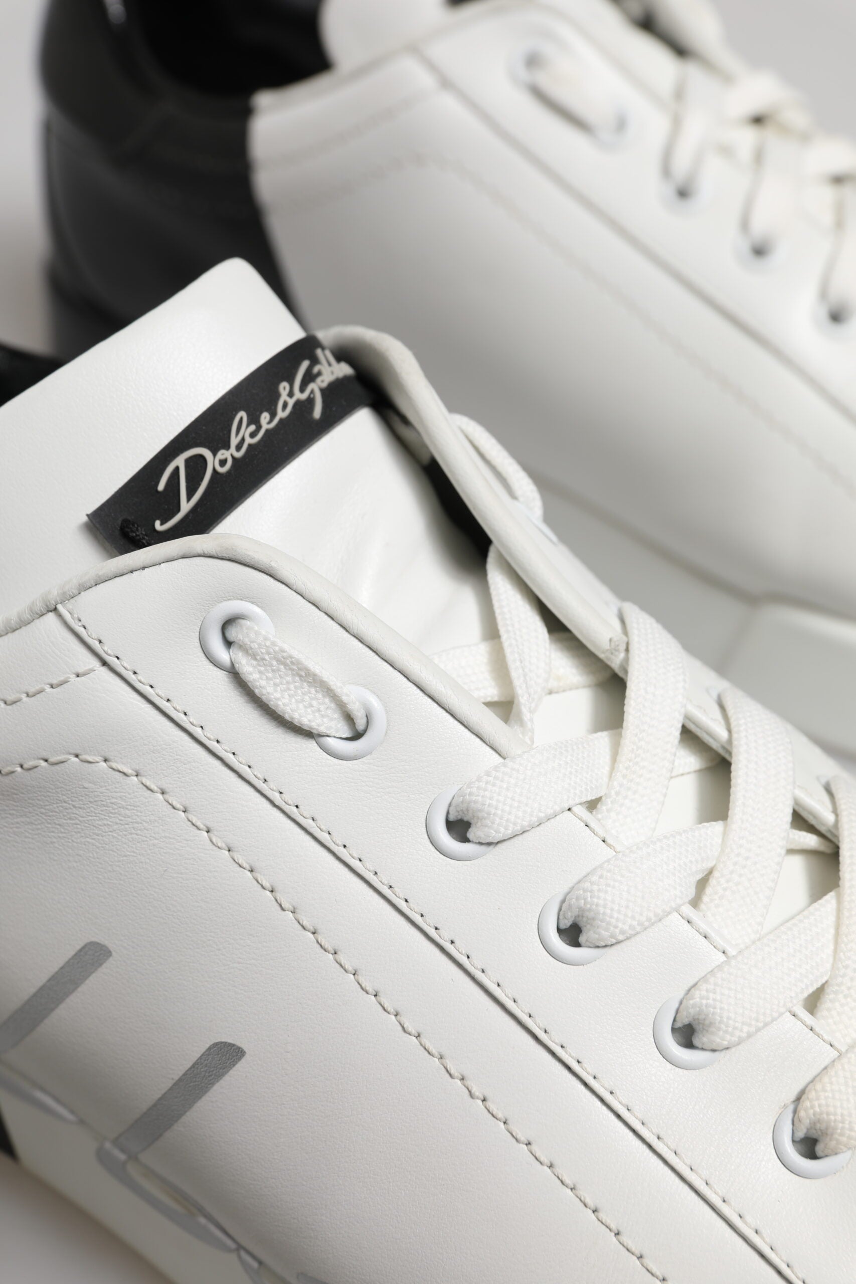 Dolce &amp; Gabbana White Black Logo Low Top Leather Sneakers Shoes