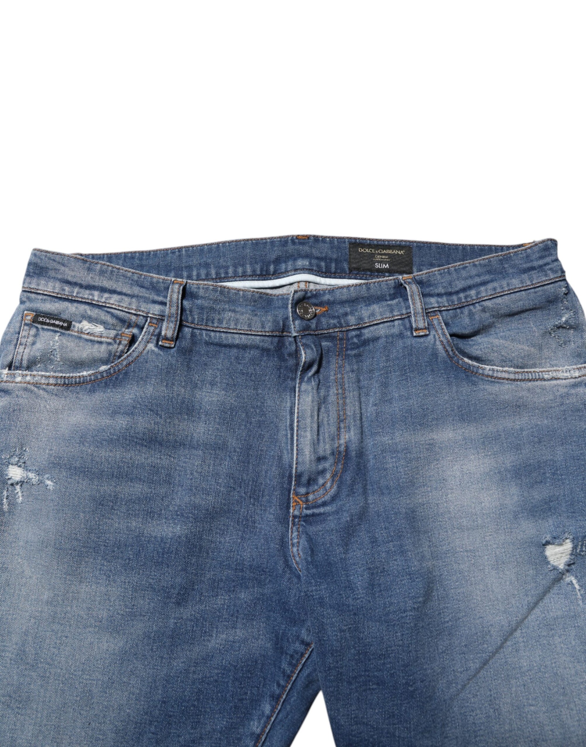 Dolce & Gabbana Blue Washed Cotton Logo Plaque Denim Jeans