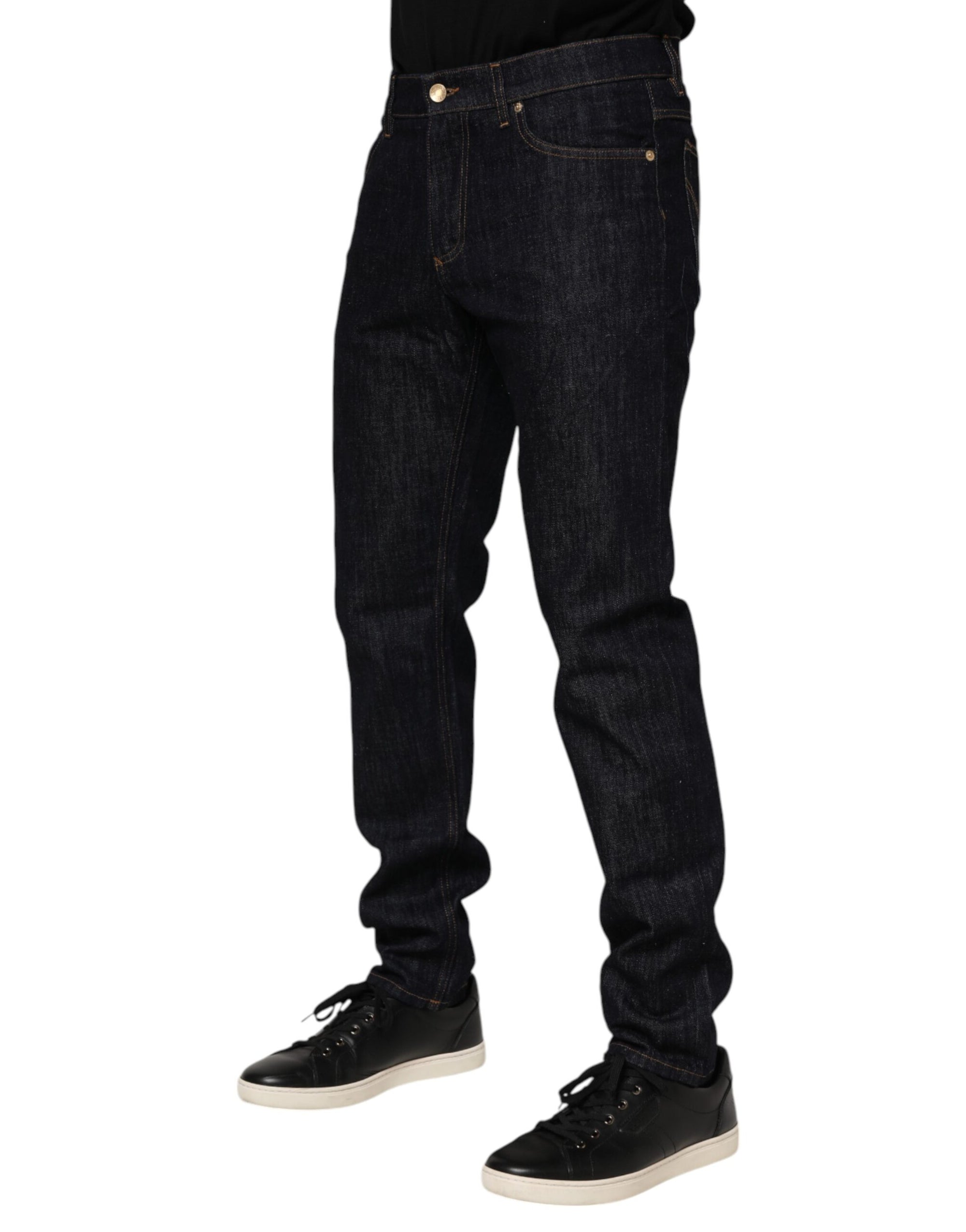 Dolce & Gabbana Dark Blue Cotton Logo Plaque Men Denim Jeans