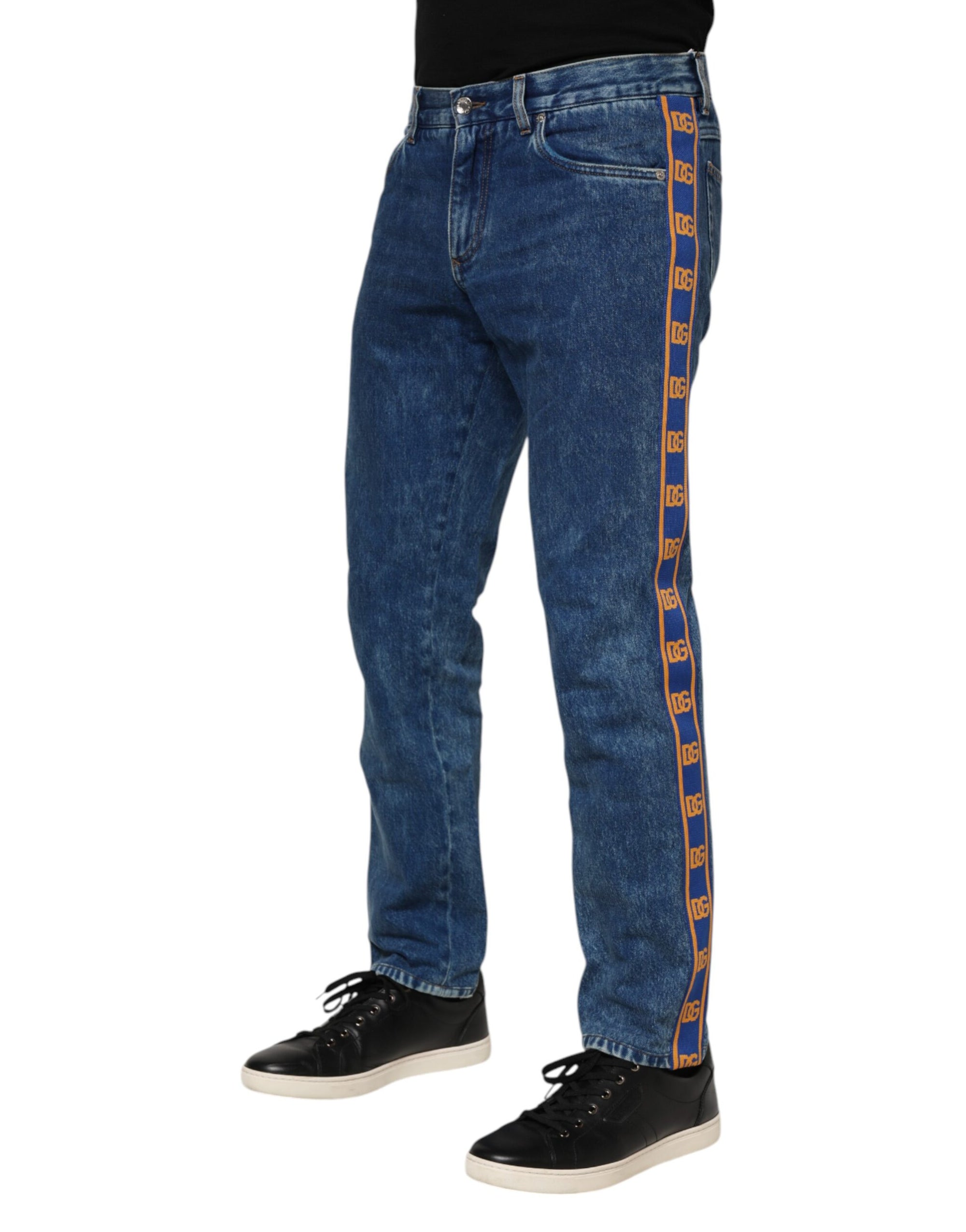 Dolce & Gabbana Blue Cotton Logo Plaque Denim Jeans