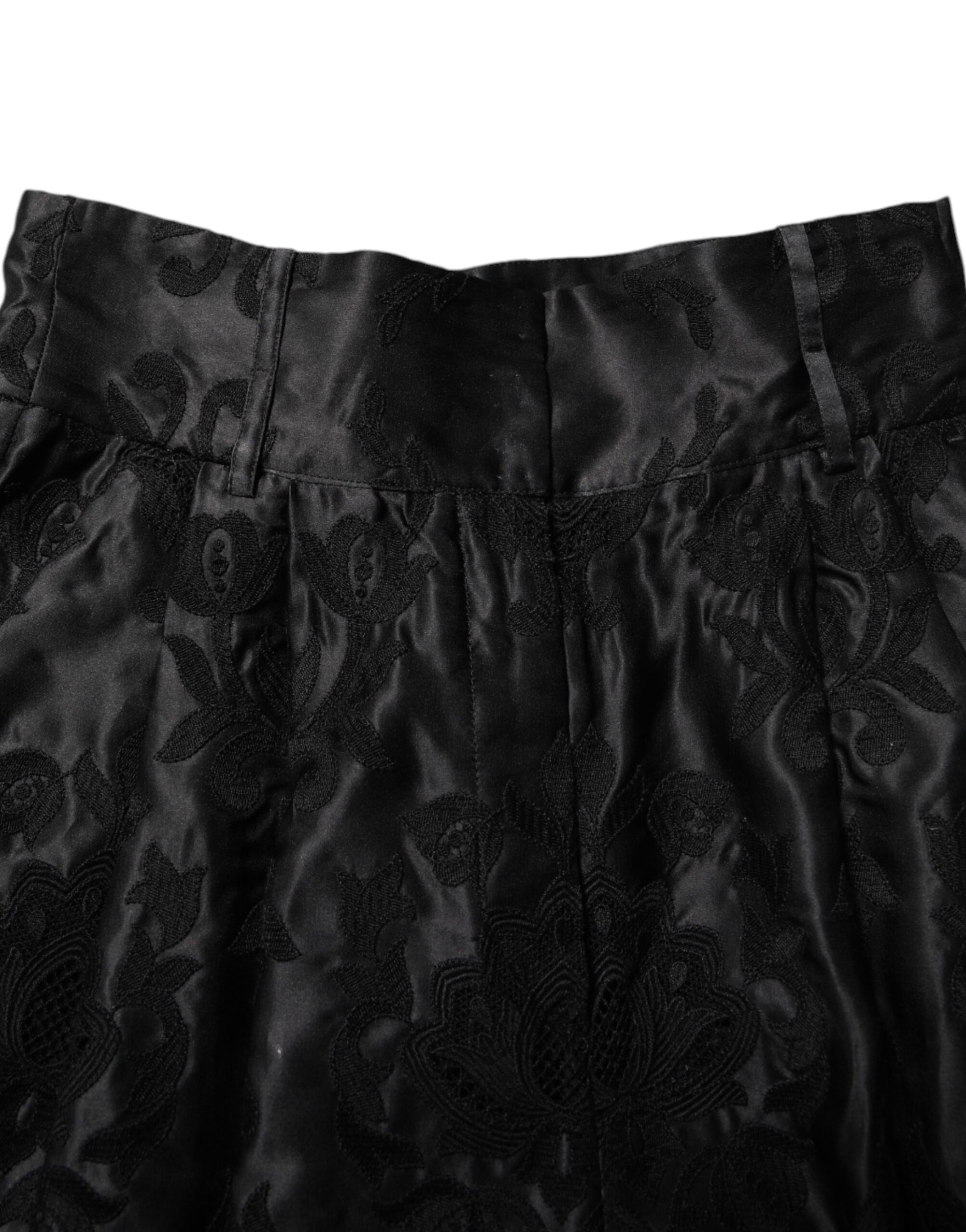 Short taille haute en soie à broderies florales noires Dolce & Gabbana