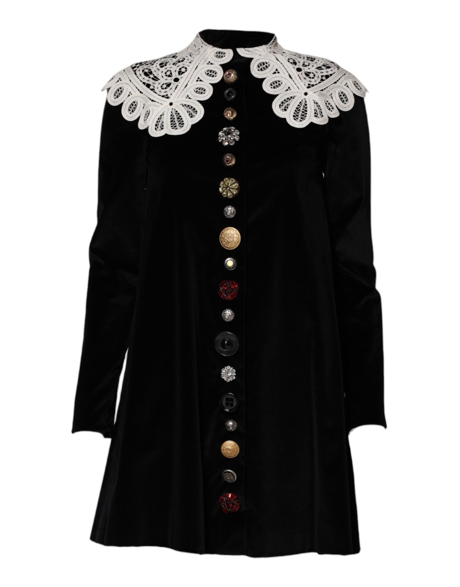 Dolce & Gabbana Black Velvet Lace Collared Embellished Dress