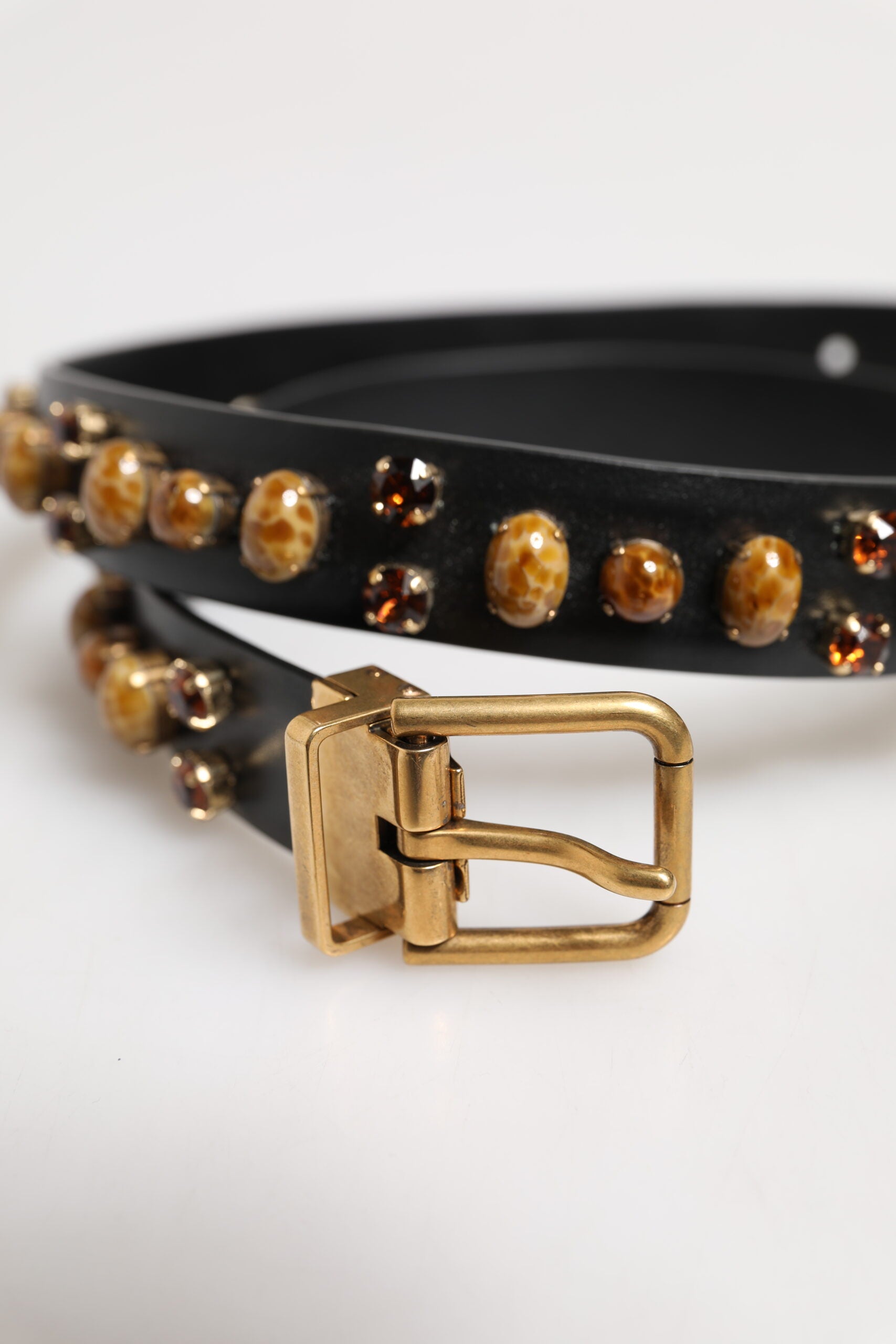 Dolce &amp; Gabbana Black Leather Studded Gold Tone Buckle Belt