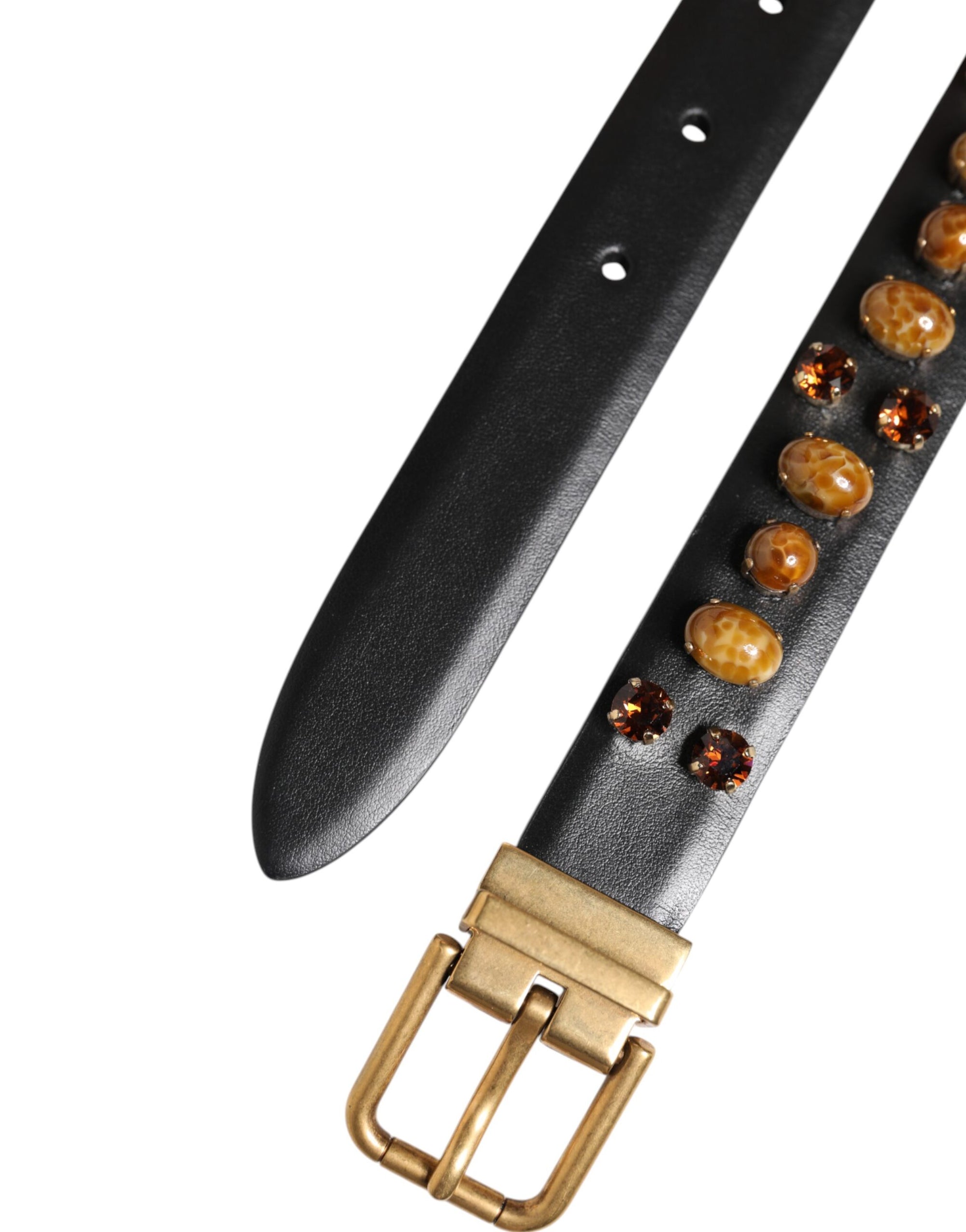 Dolce &amp; Gabbana Black Leather Studded Gold Tone Buckle Belt