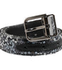 Dolce & Gabbana Black Sequins Silver Metal Logo Buckle Belt