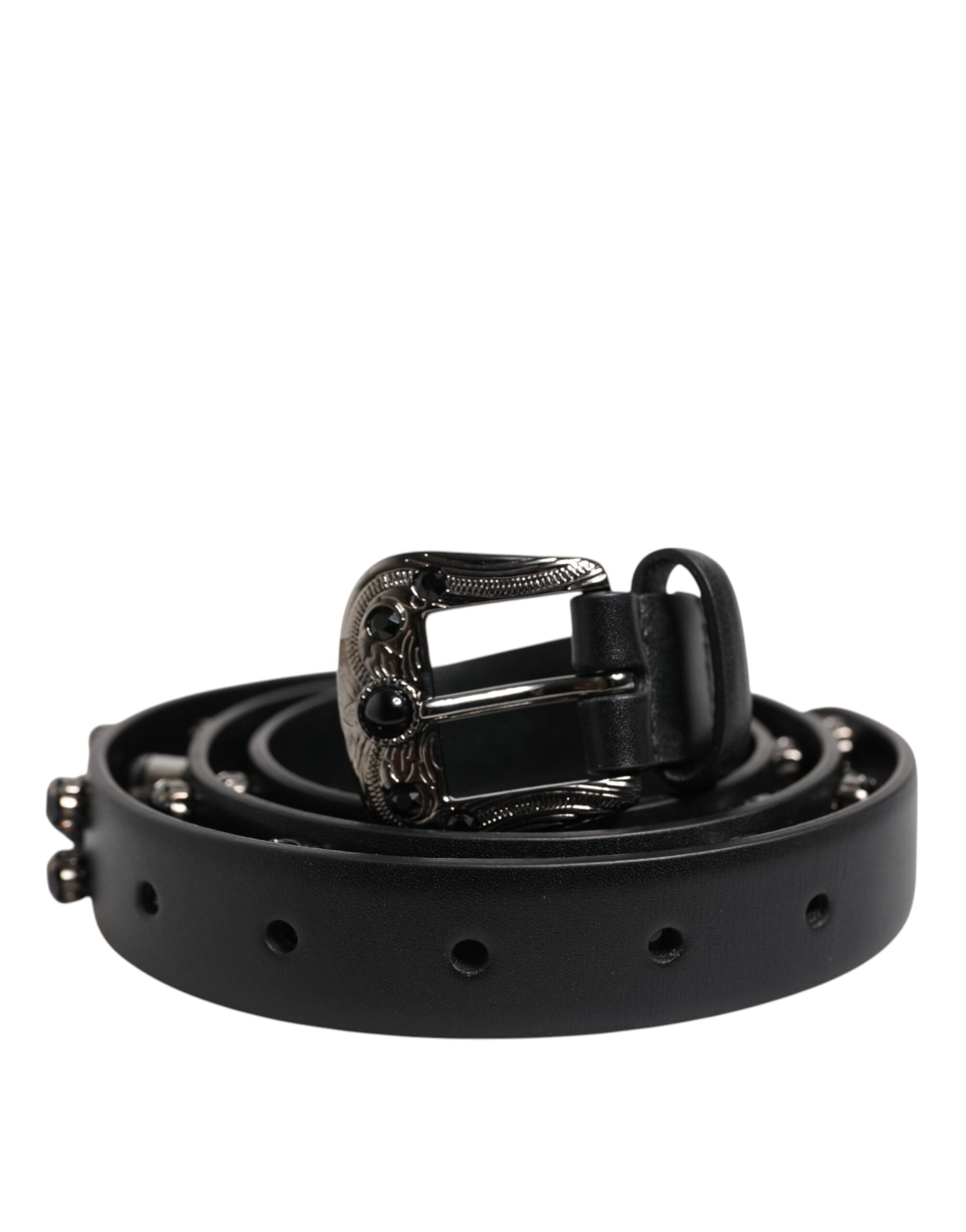 Dolce &amp; Gabbana Black Studded Leather Metal Logo Buckle Belt