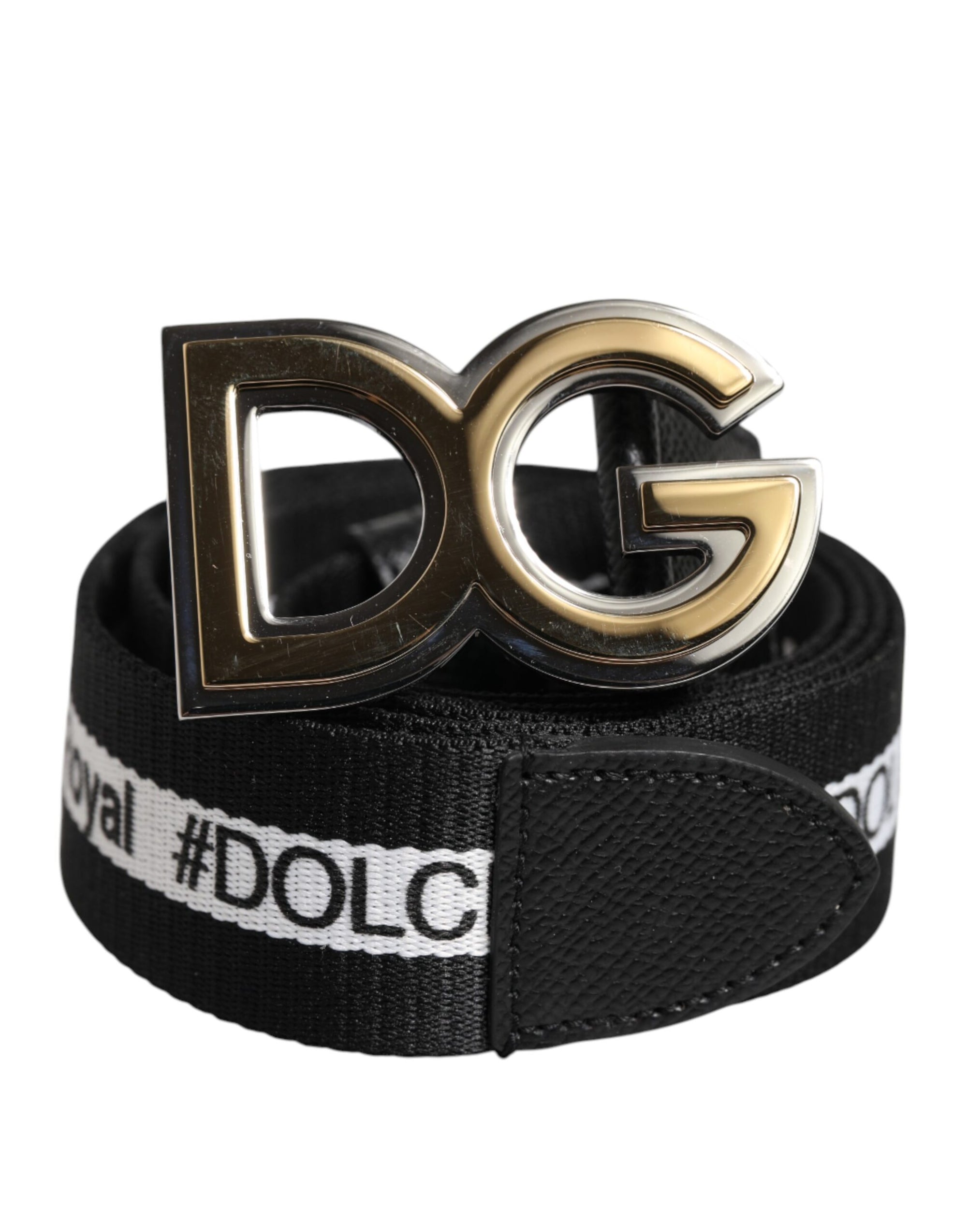 Dolce &amp; Gabbana Black Cotton Metal DG Logo Gold Buckle Belt