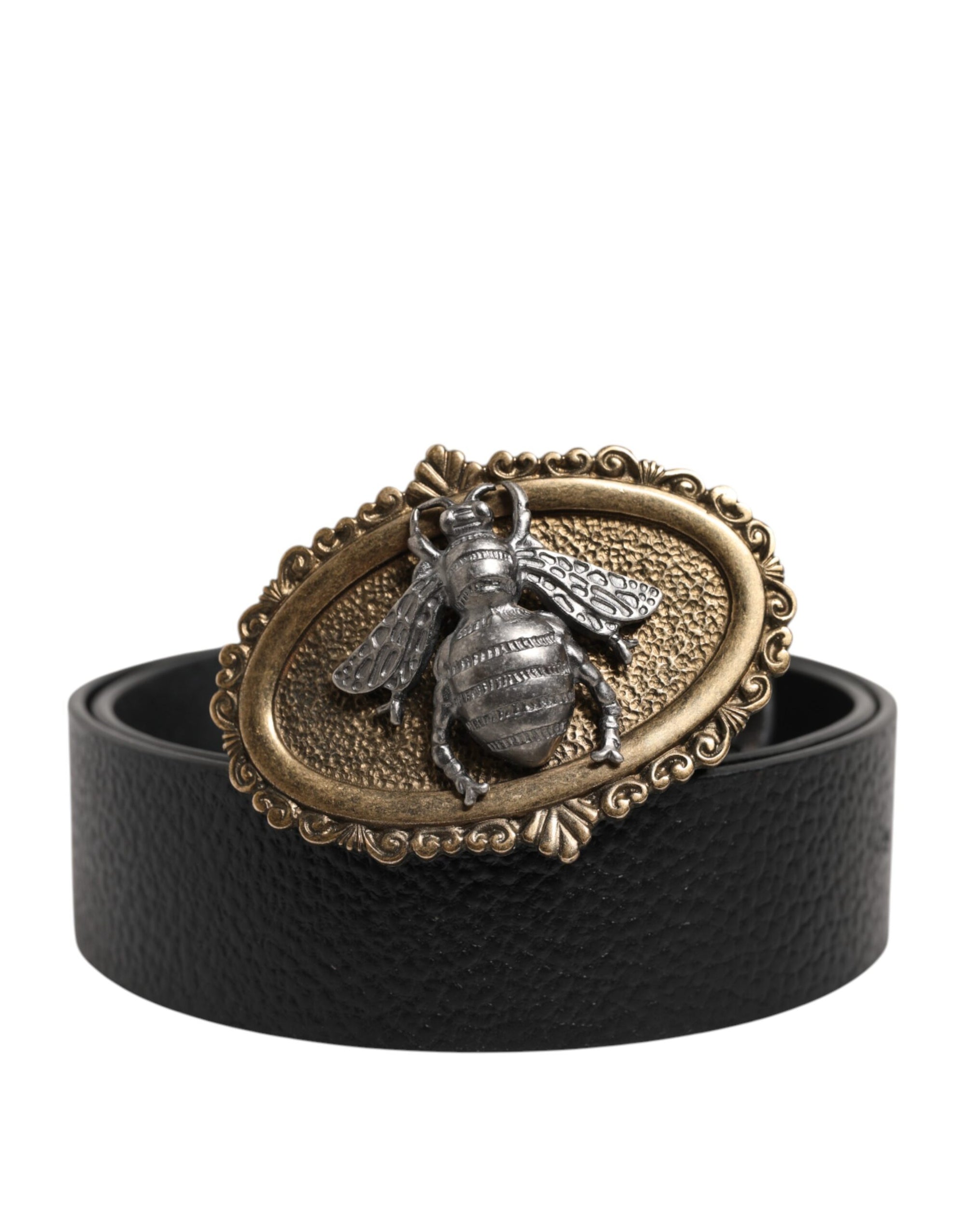 Dolce &amp; Gabbana Black Classic Leather Bee Metal Buckle Belt