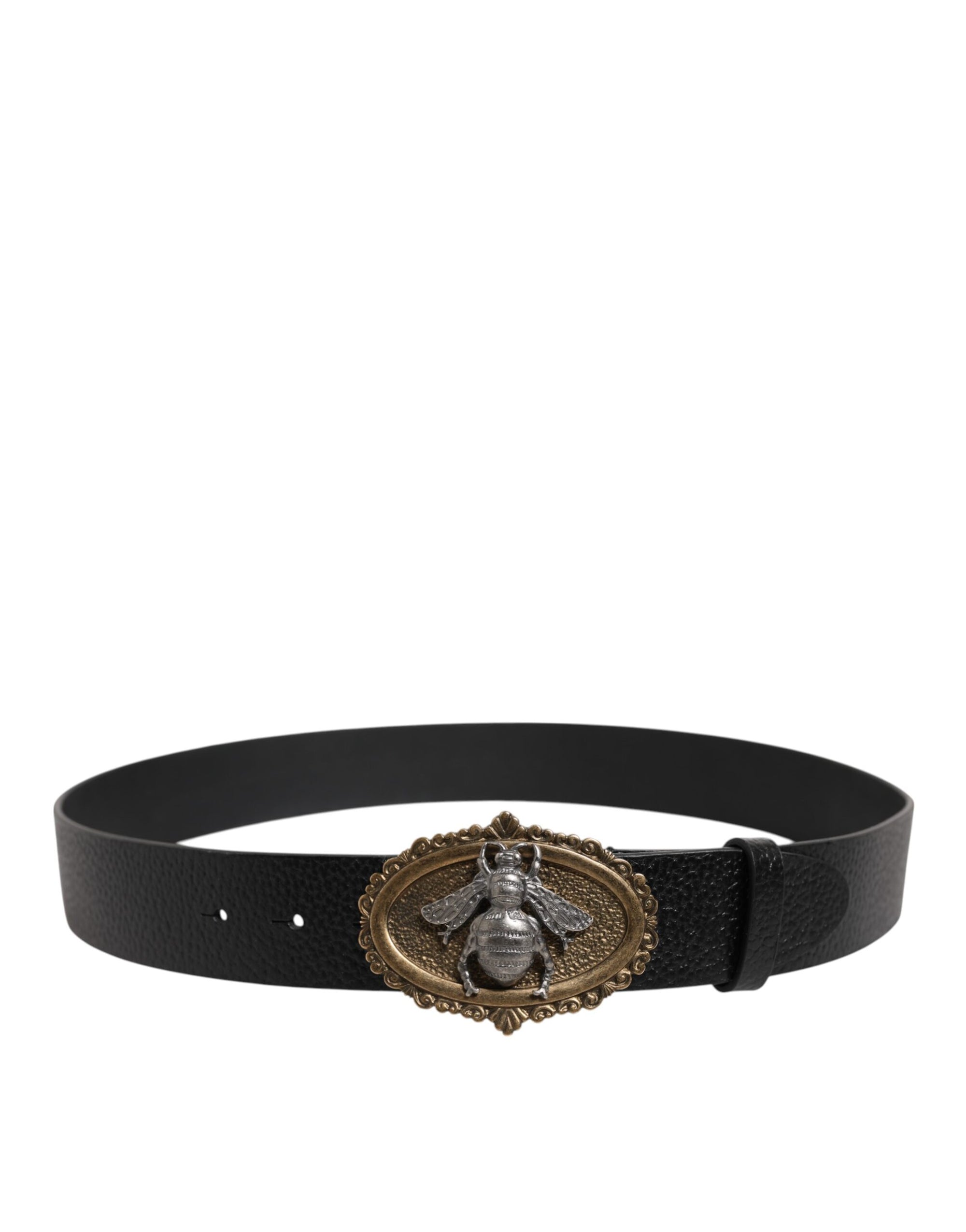 Dolce &amp; Gabbana Black Classic Leather Bee Metal Buckle Belt