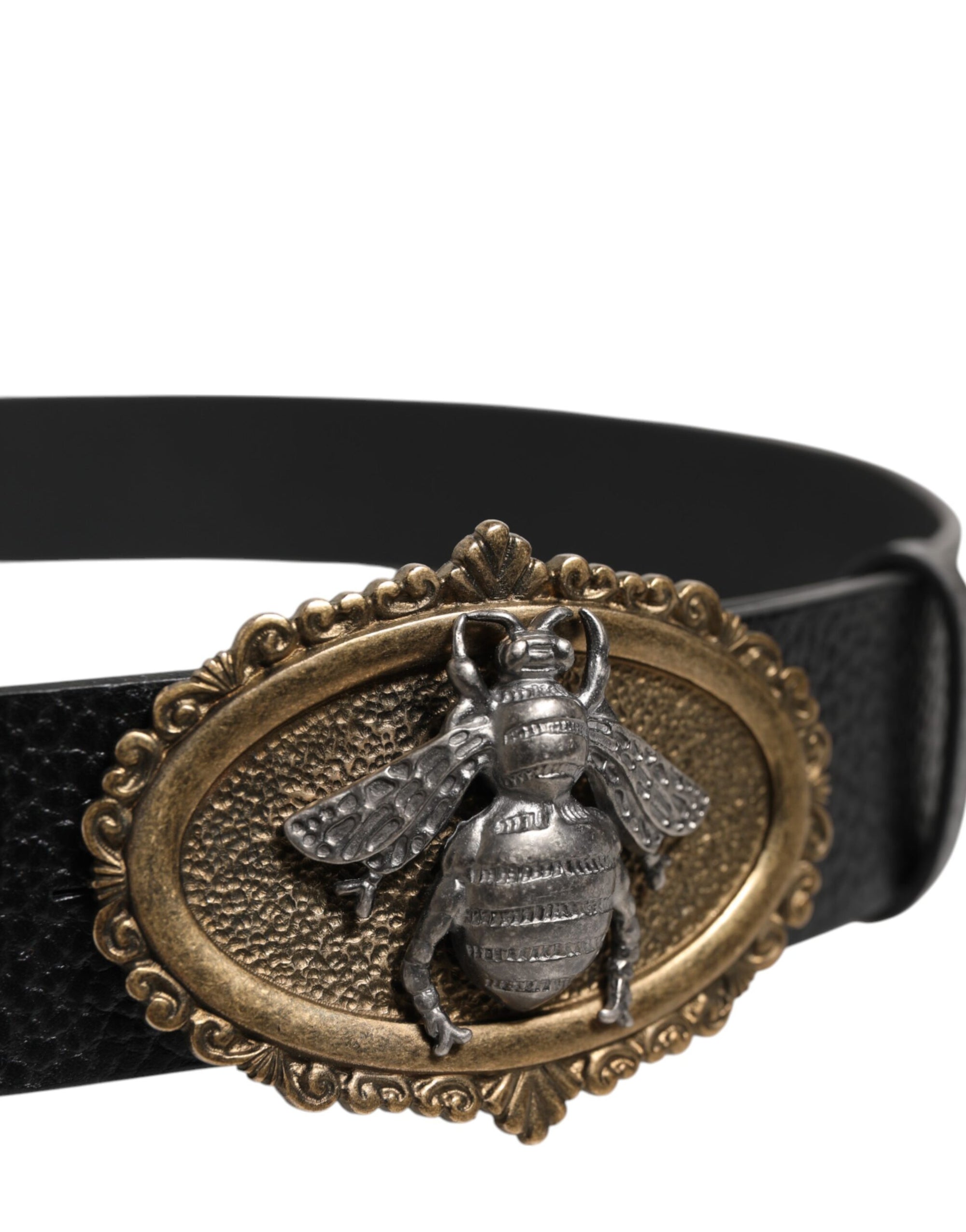 Dolce &amp; Gabbana Black Classic Leather Bee Metal Buckle Belt