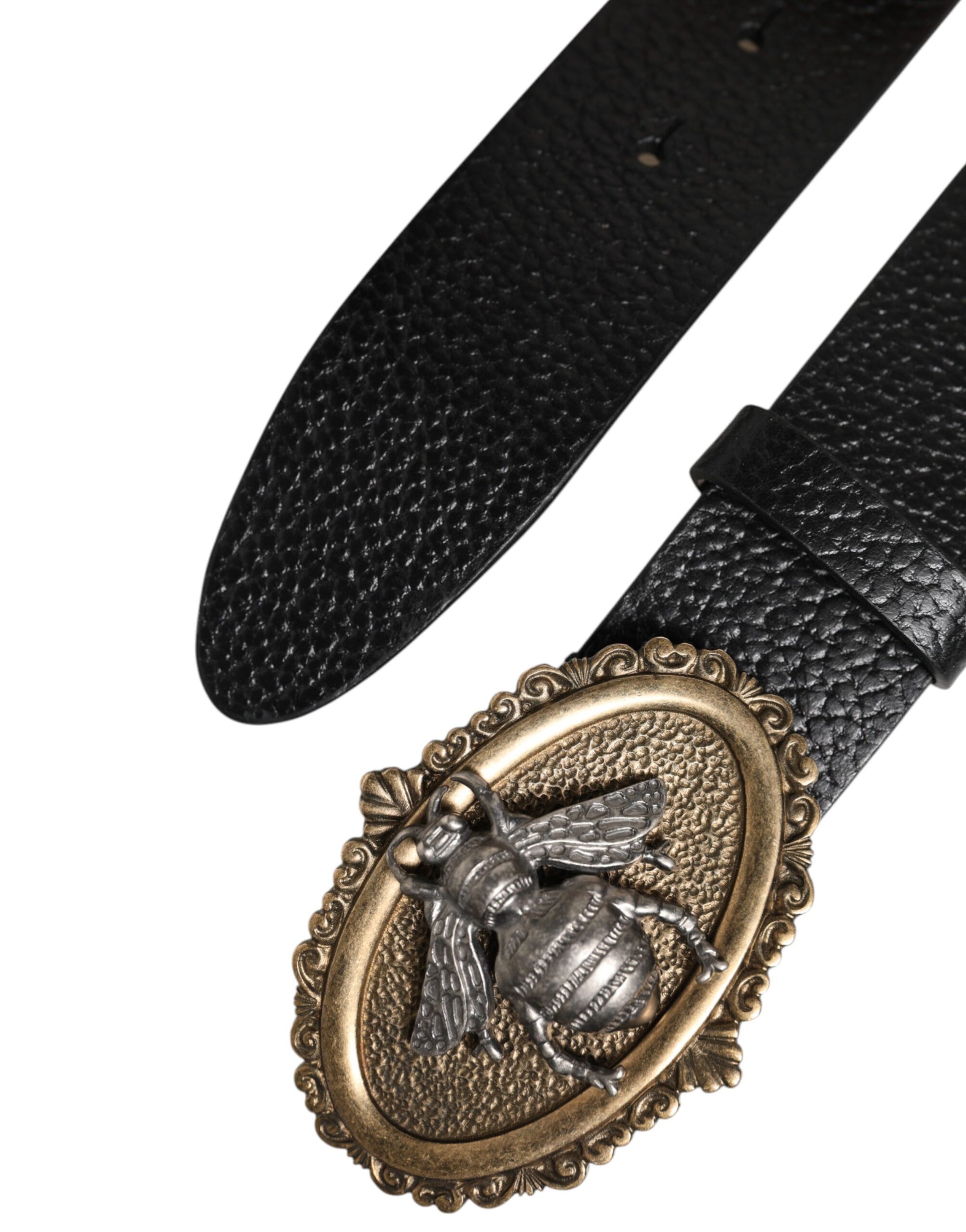 Dolce &amp; Gabbana Black Classic Leather Bee Metal Buckle Belt