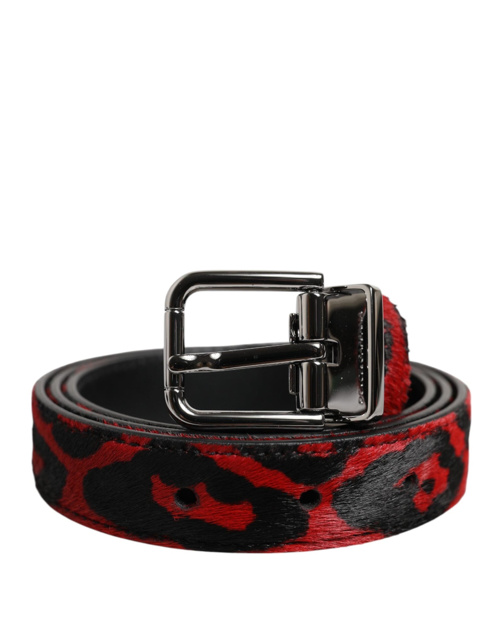 Dolce &amp; Gabbana Black Red Leopard Silver Metal Buckle Belt