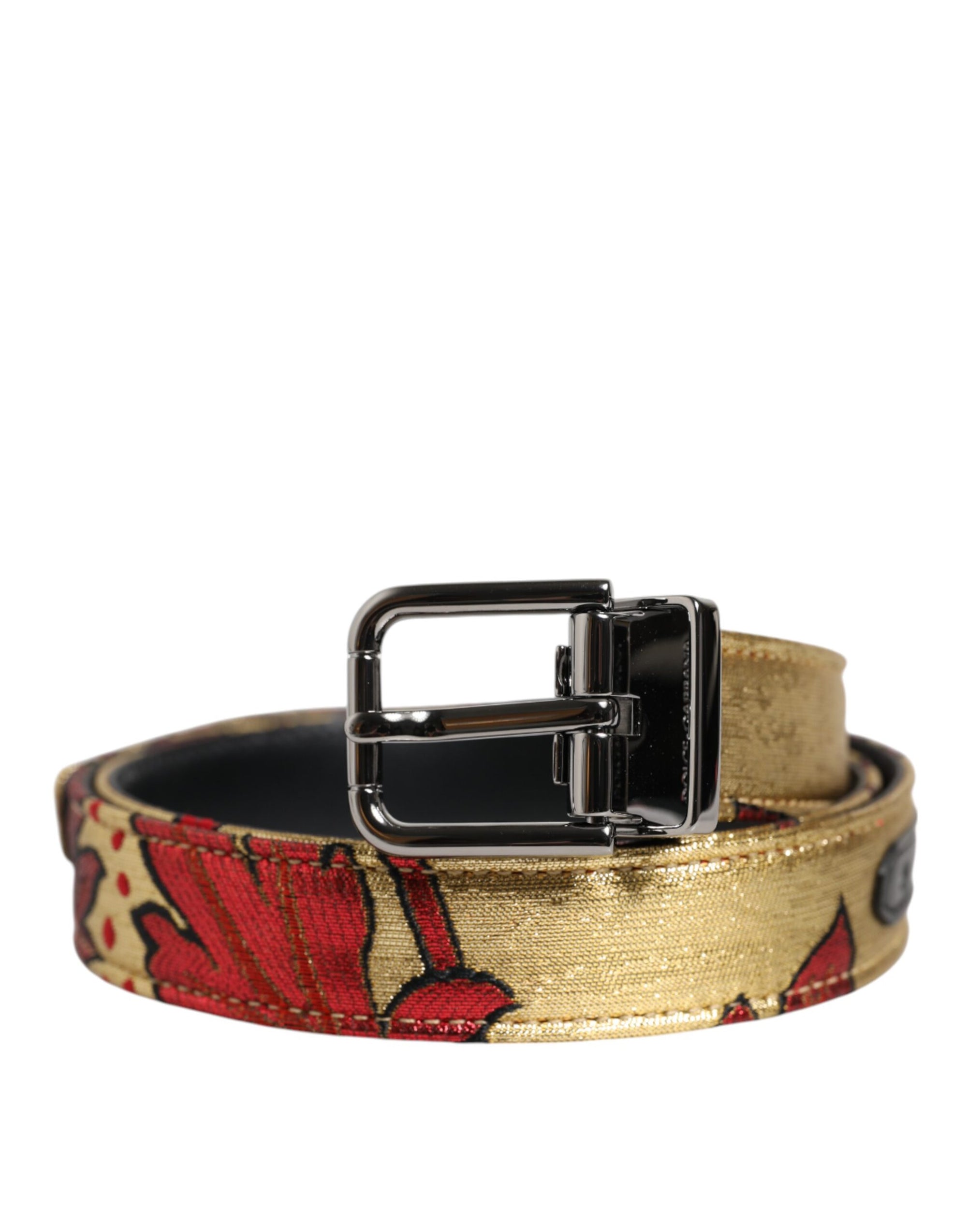 Dolce &amp; Gabbana Gold Floral Jacquard Silver Metal Buckle Belt
