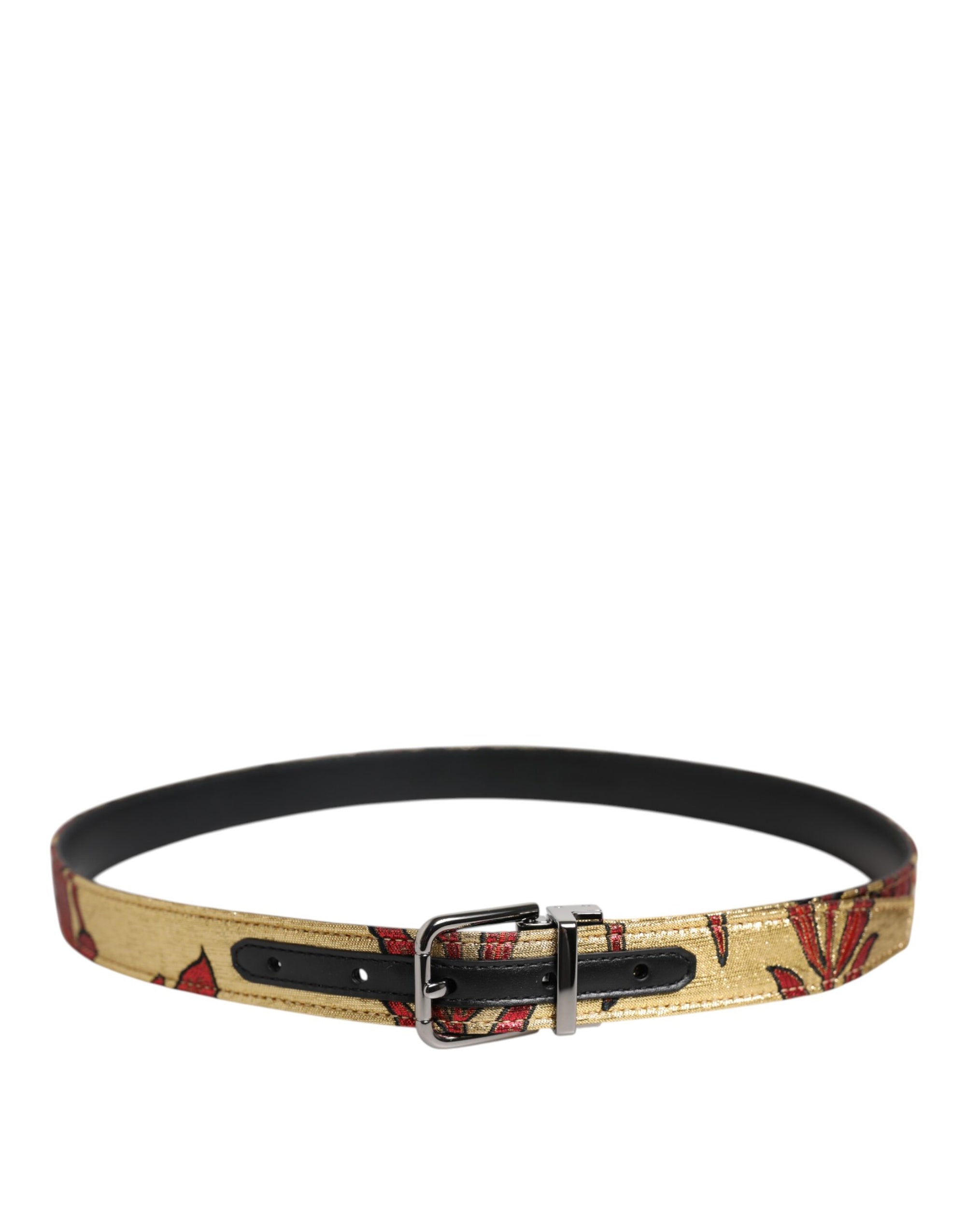 Dolce &amp; Gabbana Gold Floral Jacquard Silver Metal Buckle Belt