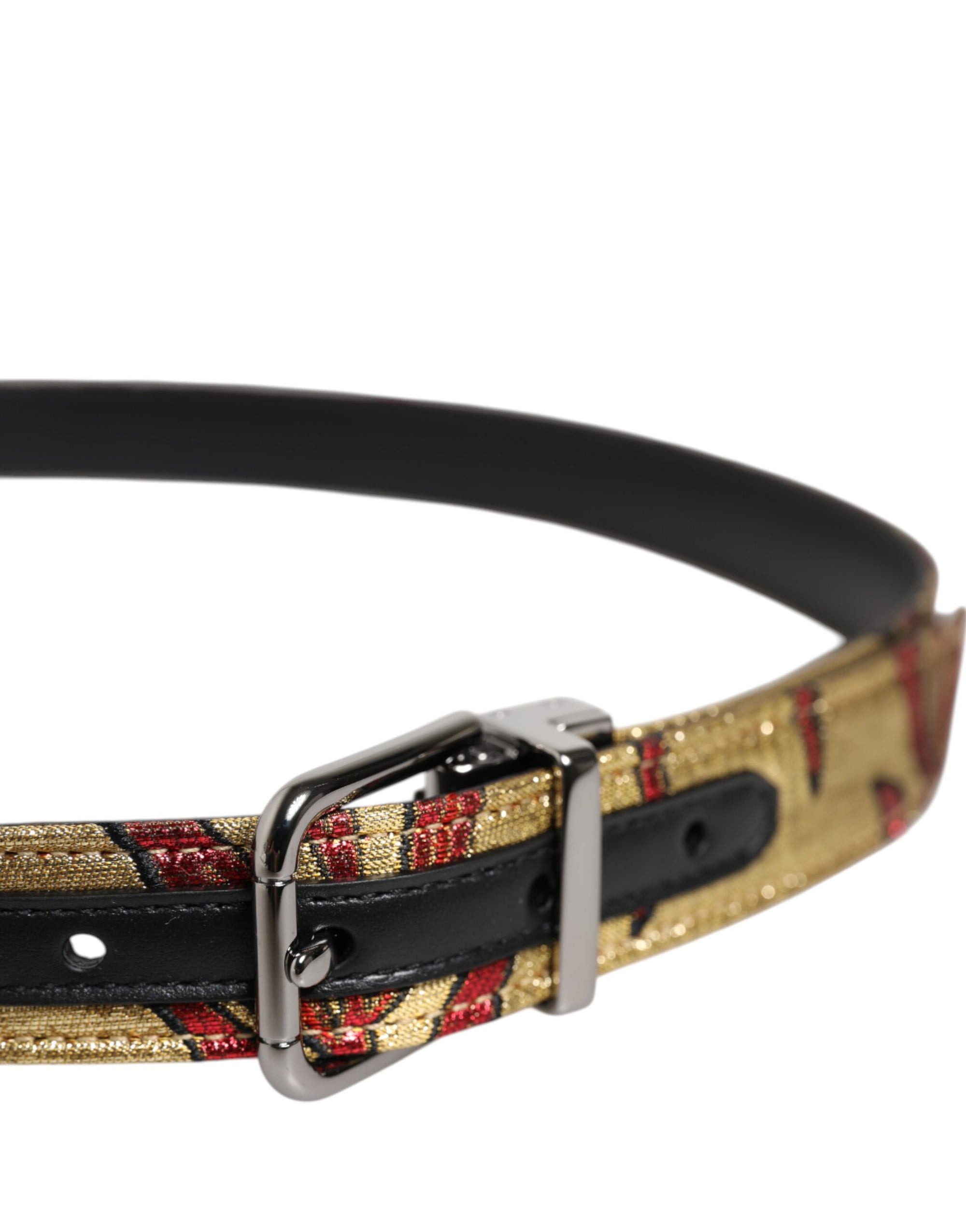 Dolce &amp; Gabbana Gold Floral Jacquard Silver Metal Buckle Belt