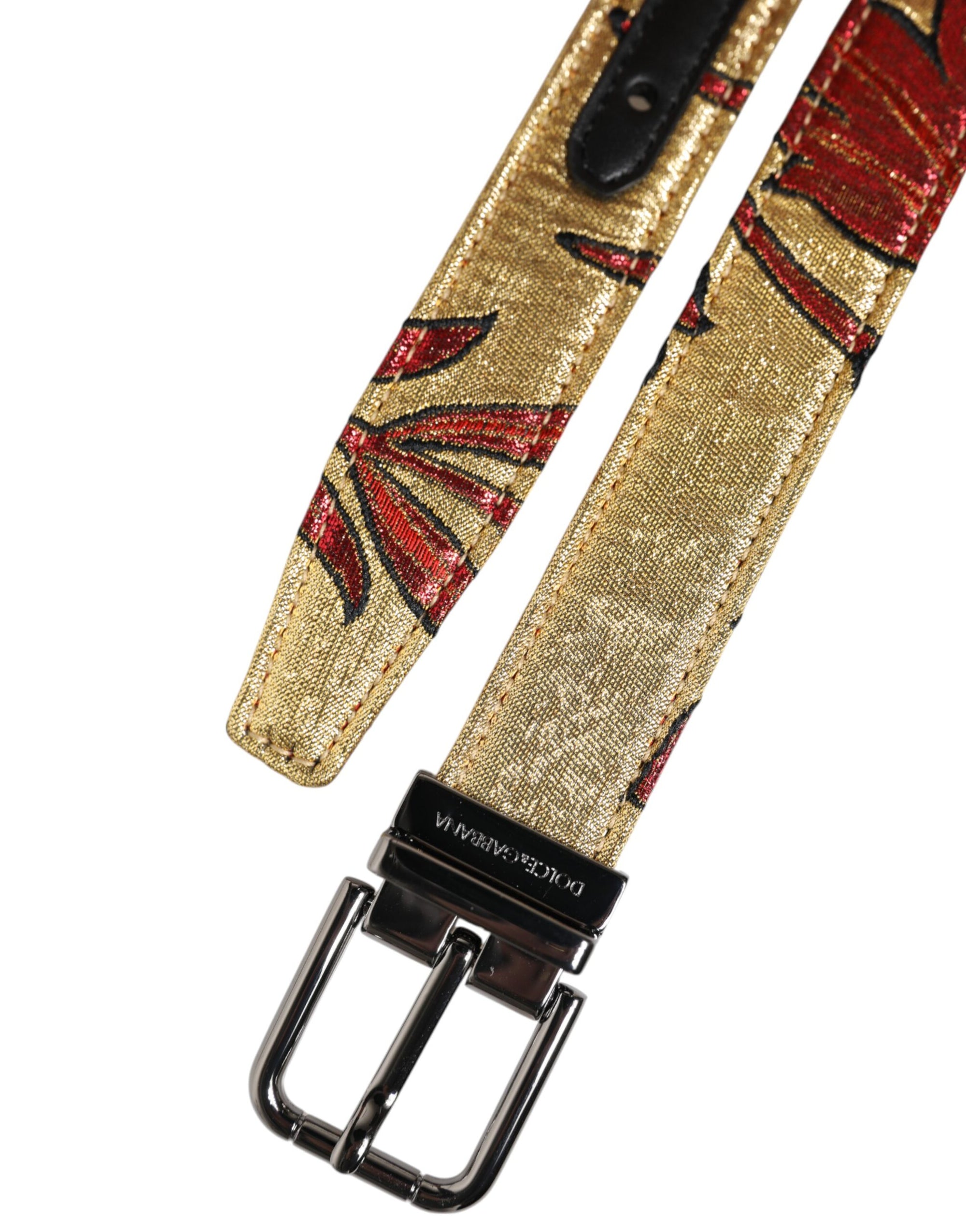 Dolce &amp; Gabbana Gold Floral Jacquard Silver Metal Buckle Belt