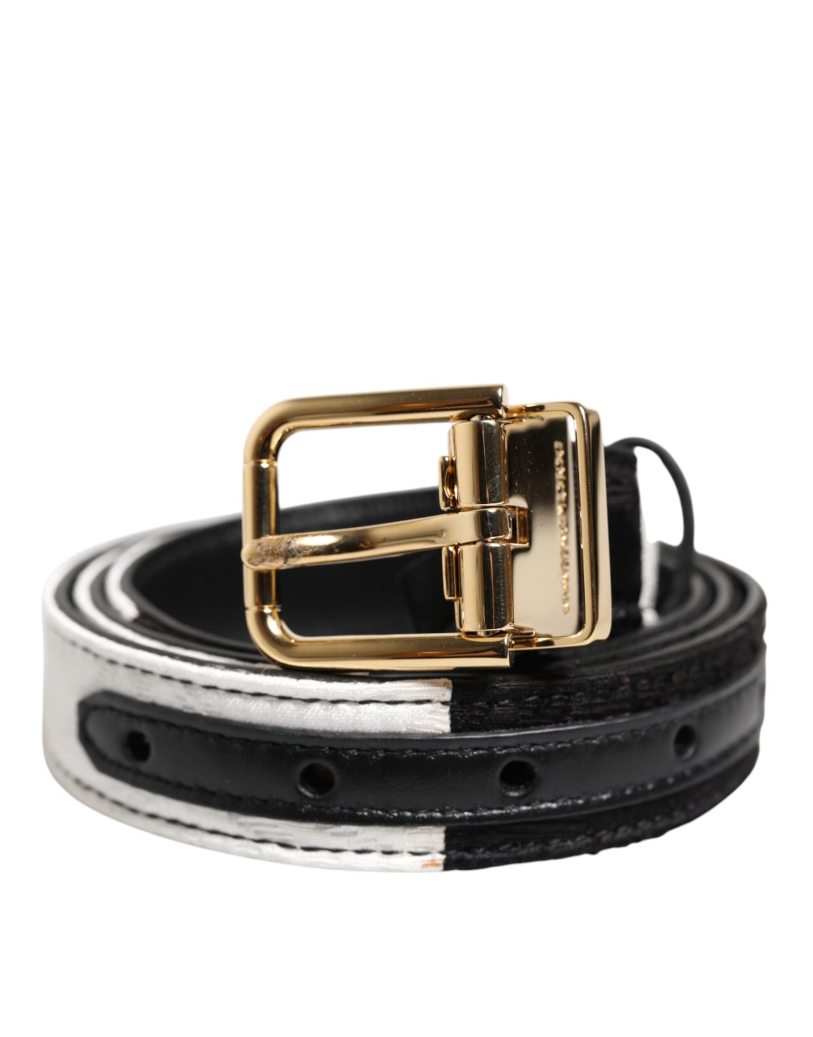 Dolce &amp; Gabbana Black White Patchwork Gold Metal Buckle Belt