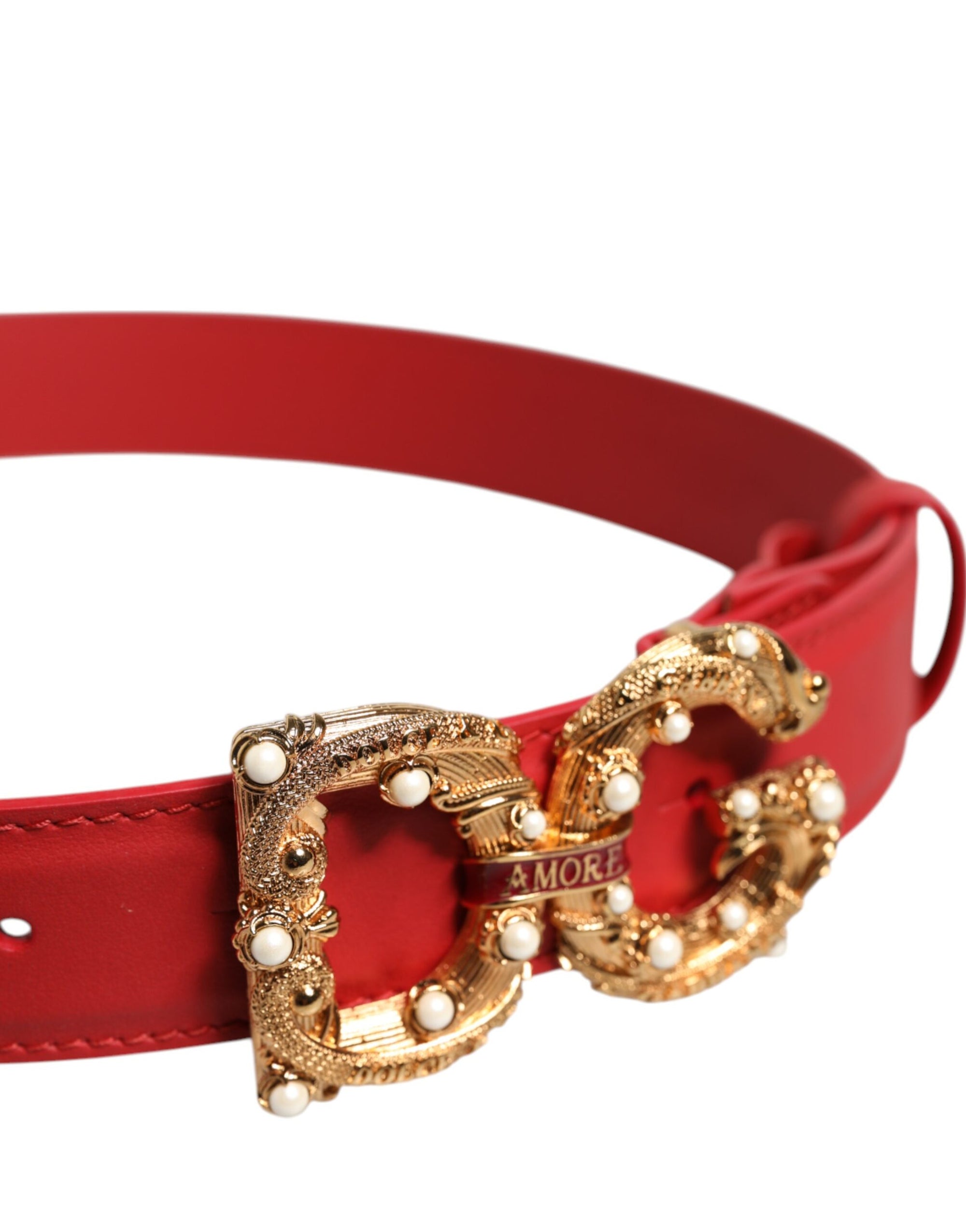 Ceinture Dolce &amp; Gabbana en cuir rouge avec boucle en métal doré DG Amore