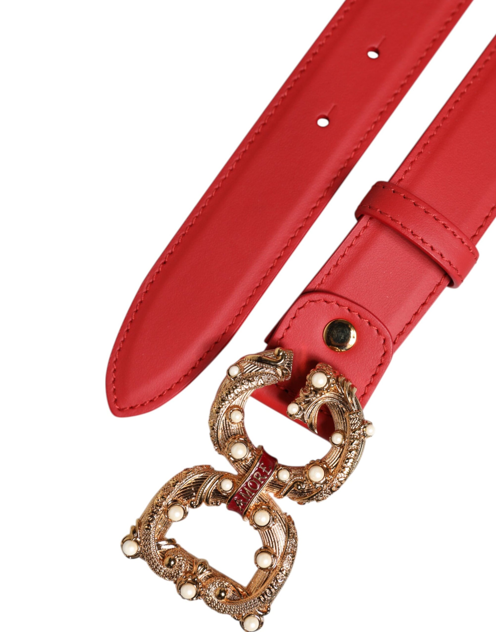 Ceinture Dolce &amp; Gabbana en cuir rouge avec boucle en métal doré DG Amore