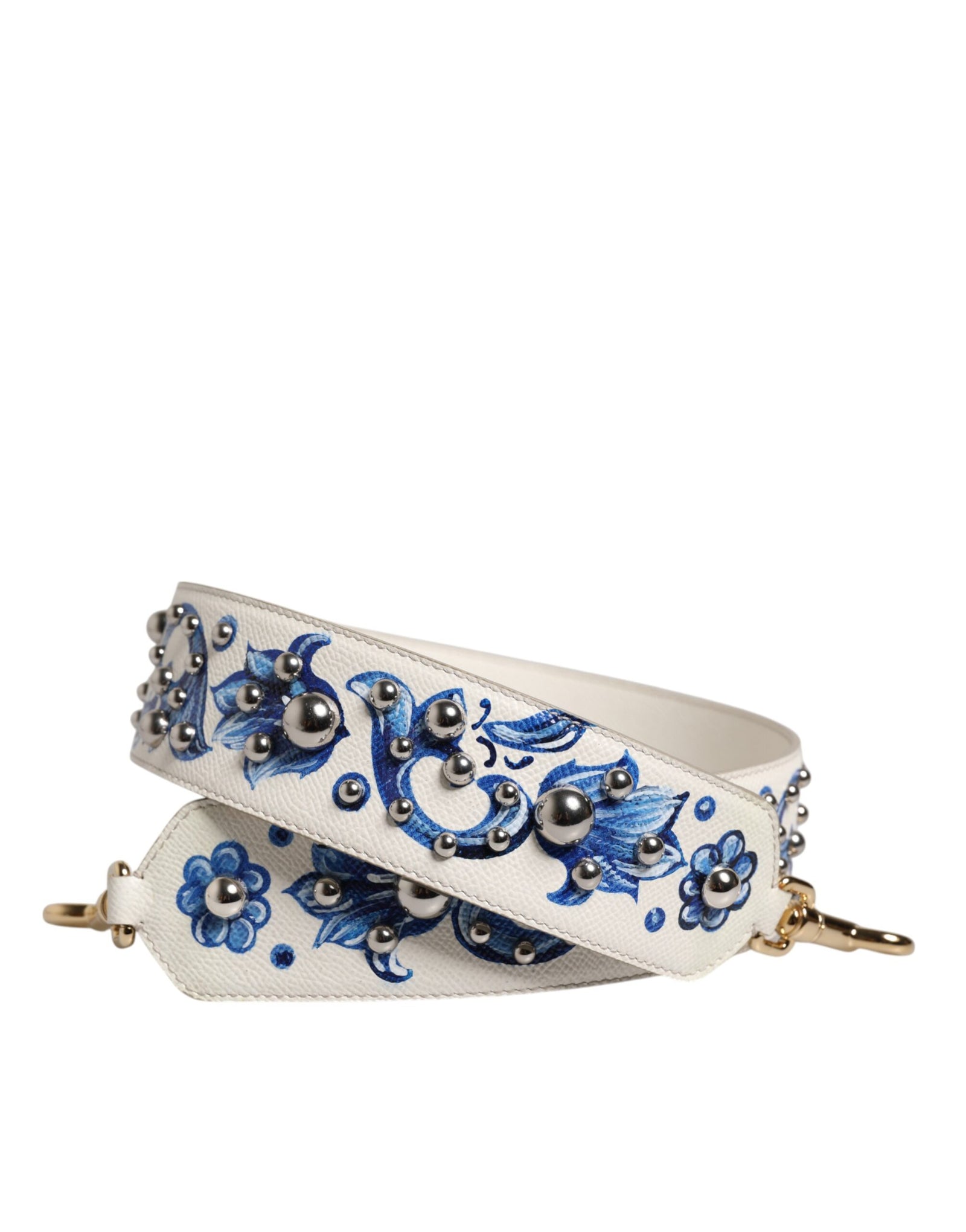 Bandoulière à clous en cuir à fleurs blanches et bleues Dolce &amp; Gabbana