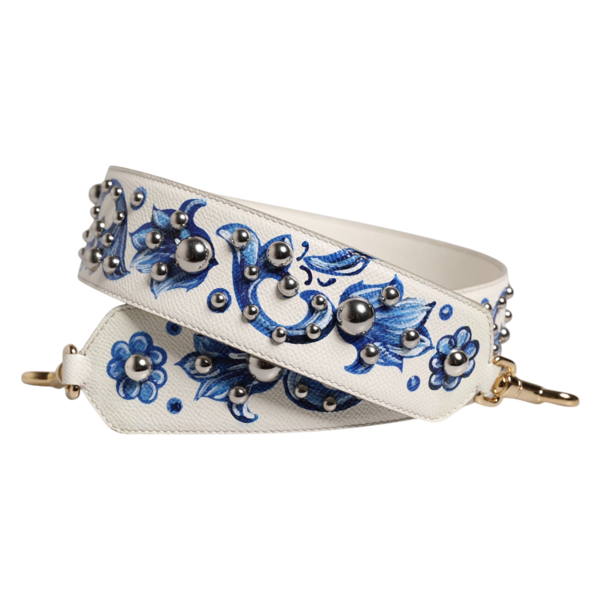 Bandoulière à clous en cuir à fleurs blanches et bleues Dolce &amp; Gabbana