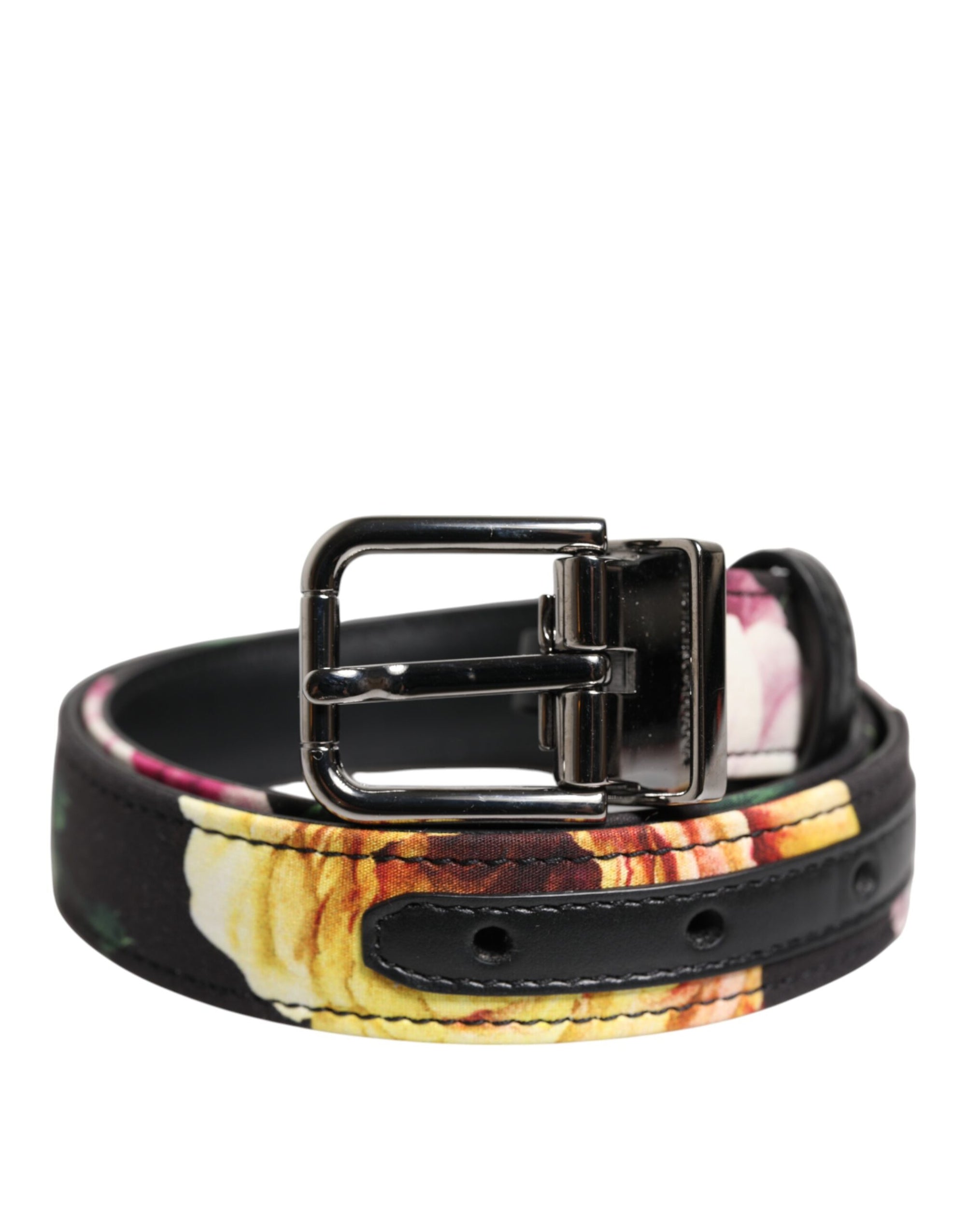 Ceinture Dolce &amp; Gabbana en brocart floral noir avec boucle en métal argenté