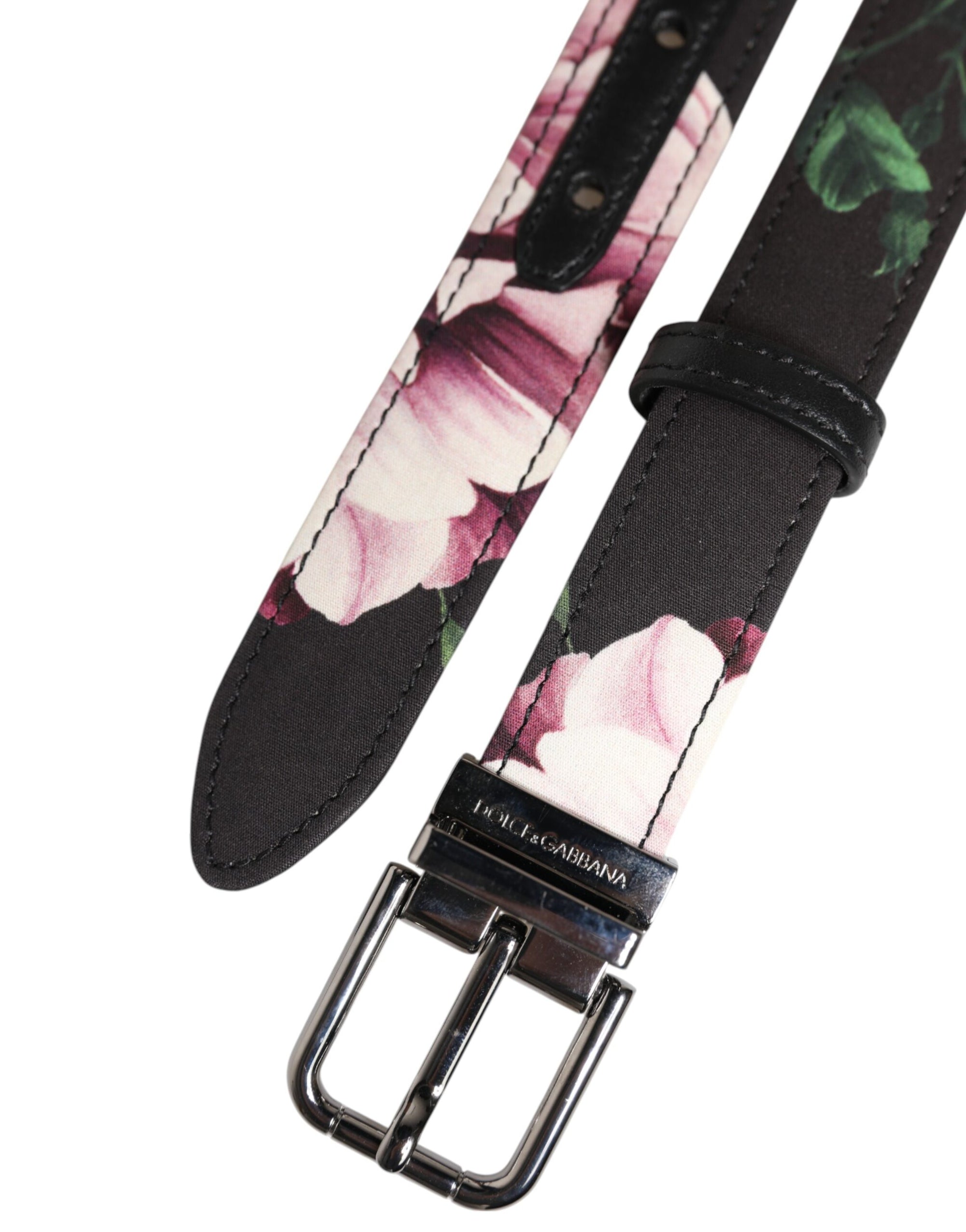 Ceinture Dolce &amp; Gabbana en brocart floral noir avec boucle en métal argenté