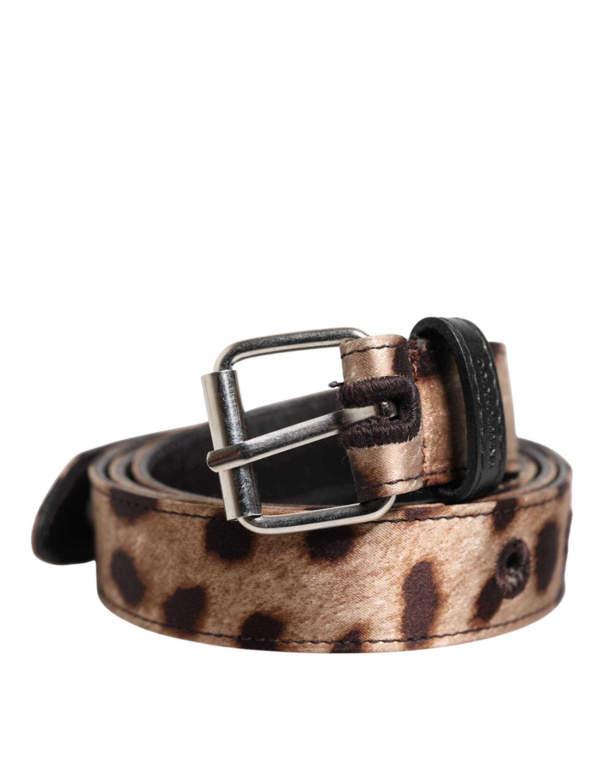 Ceinture Dolce &amp; Gabbana à boucle en métal argenté et motif léopard marron