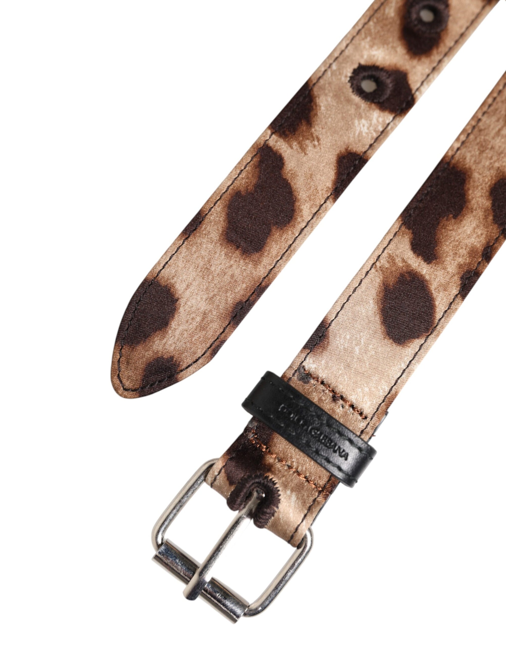 Ceinture Dolce &amp; Gabbana à boucle en métal argenté et motif léopard marron