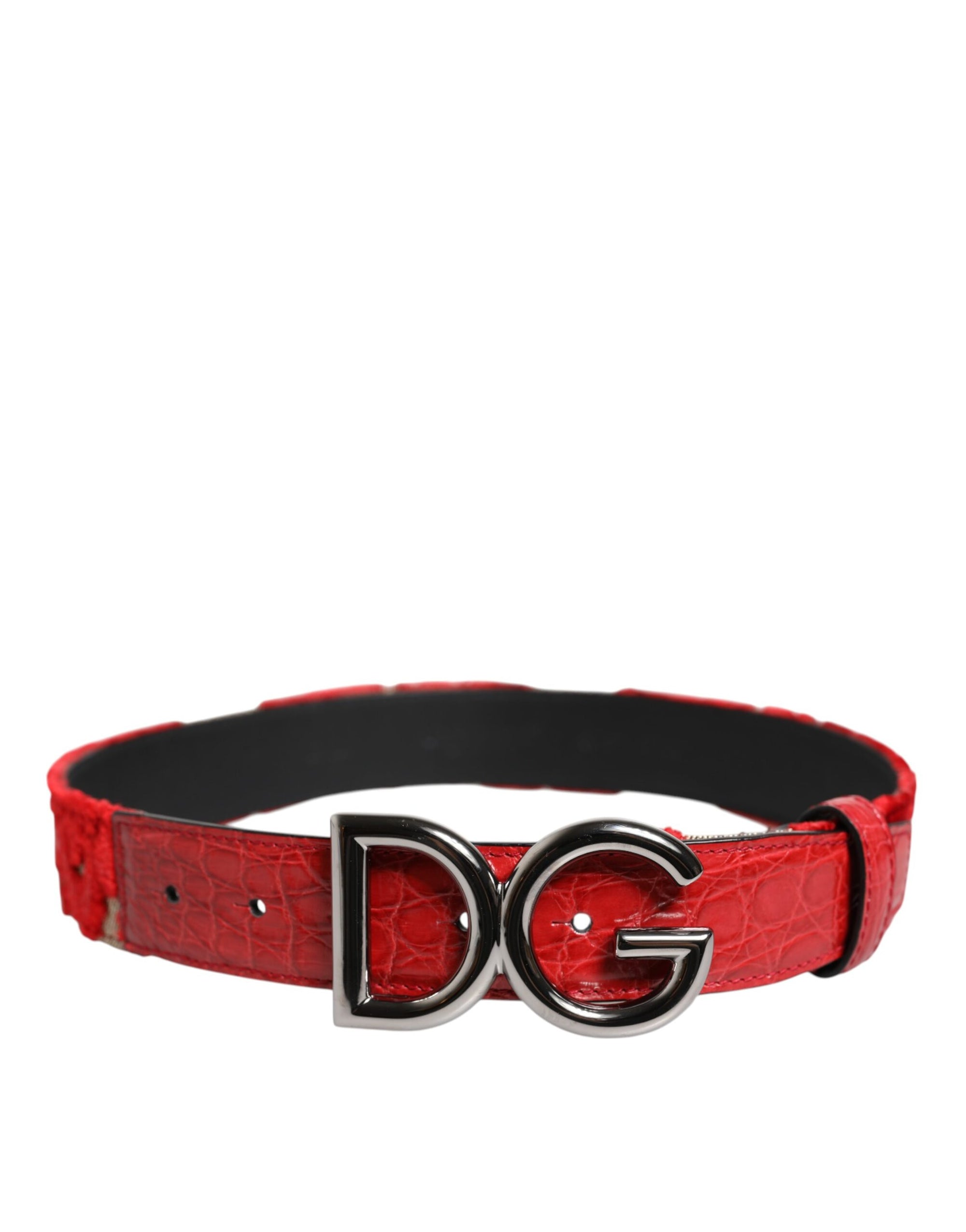 Ceinture Dolce &amp; Gabbana en viscose rouge avec boucle en métal argenté et logo DG