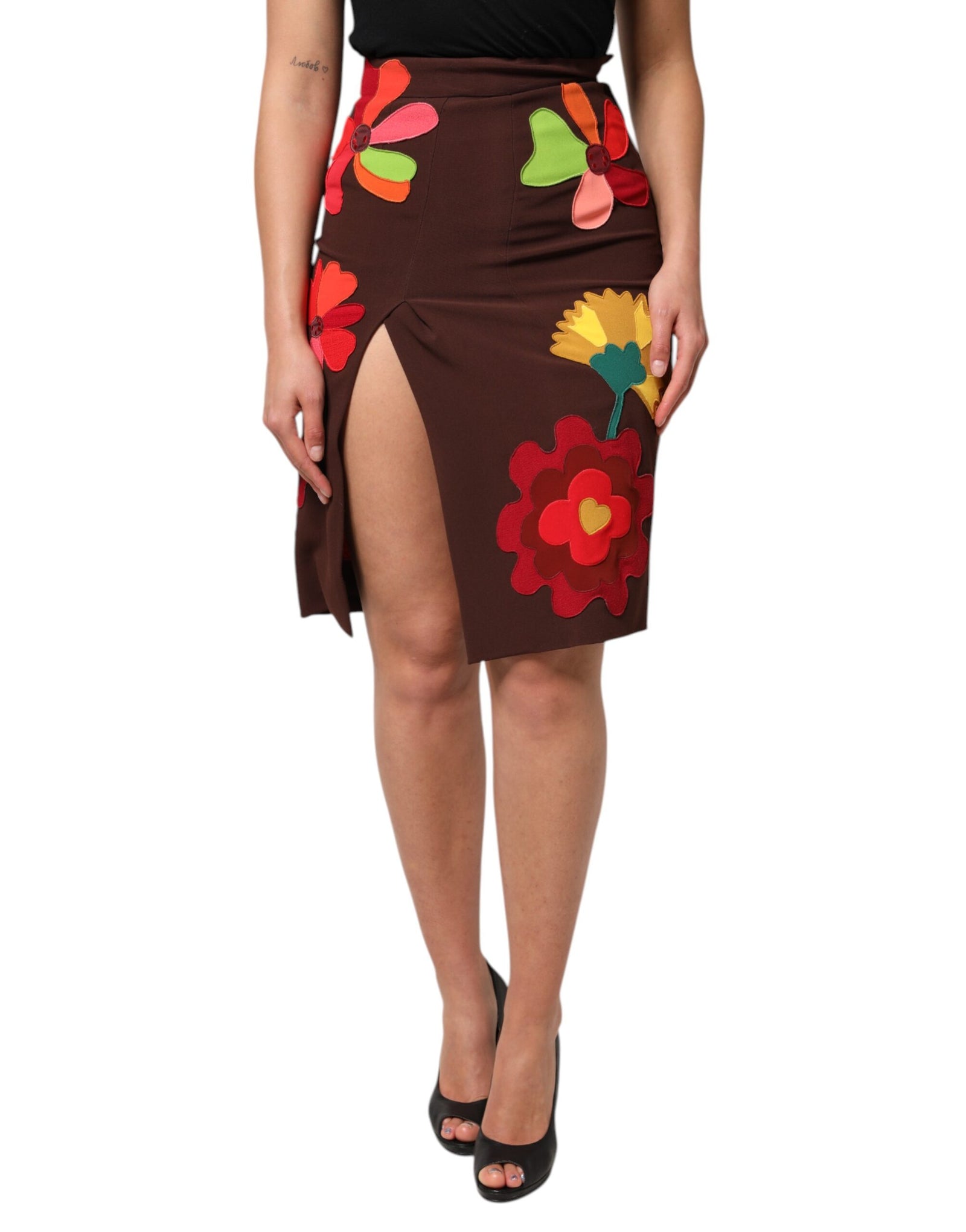 Jupe taille haute fendue sur le côté à motif floral marron Dolce &amp; Gabbana