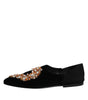 Dolce & Gabbana Black Velvet Embellished Loafer Slip On Shoes