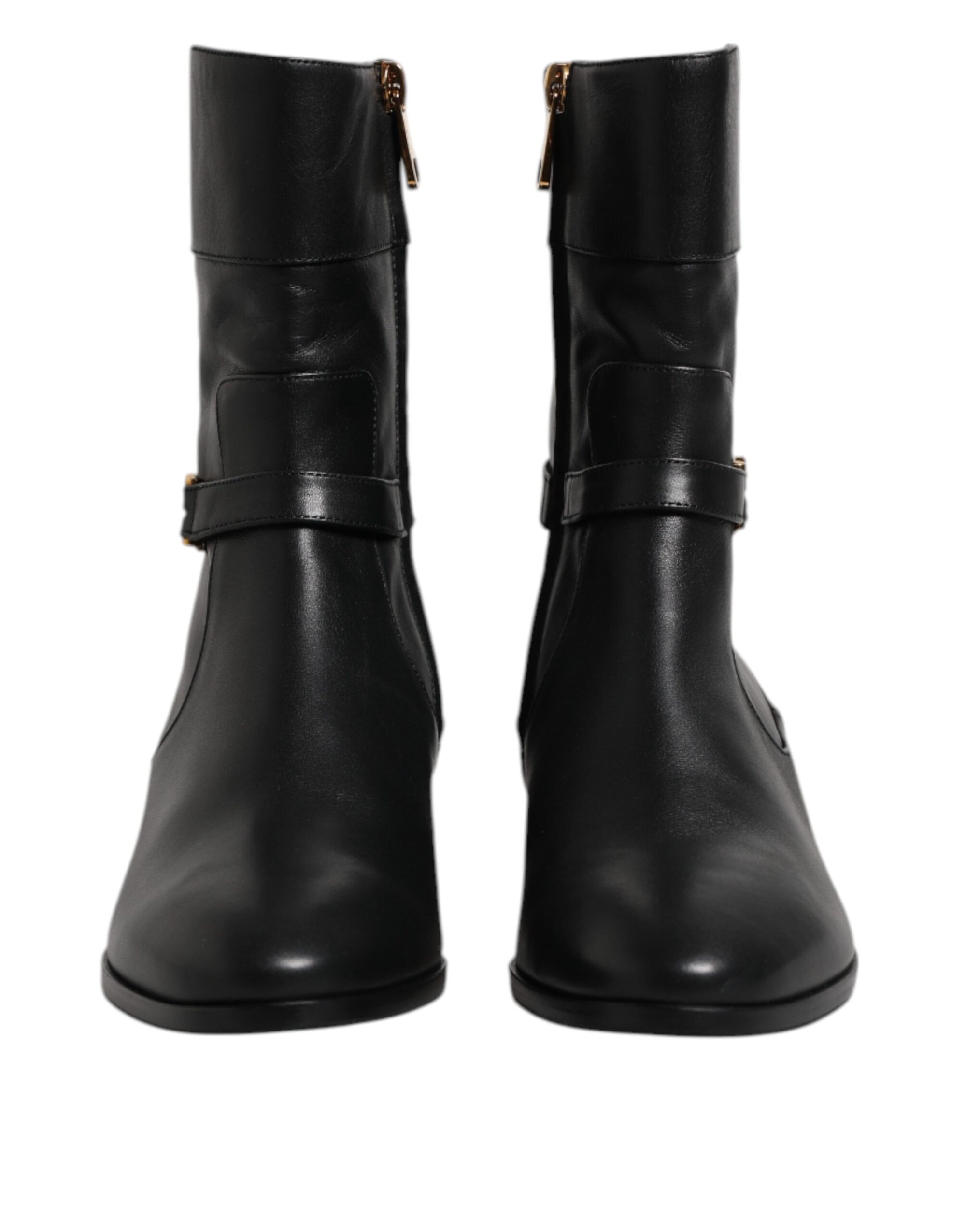 Dolce & Gabbana Black Leather Flats Logo Short Boots Shoes