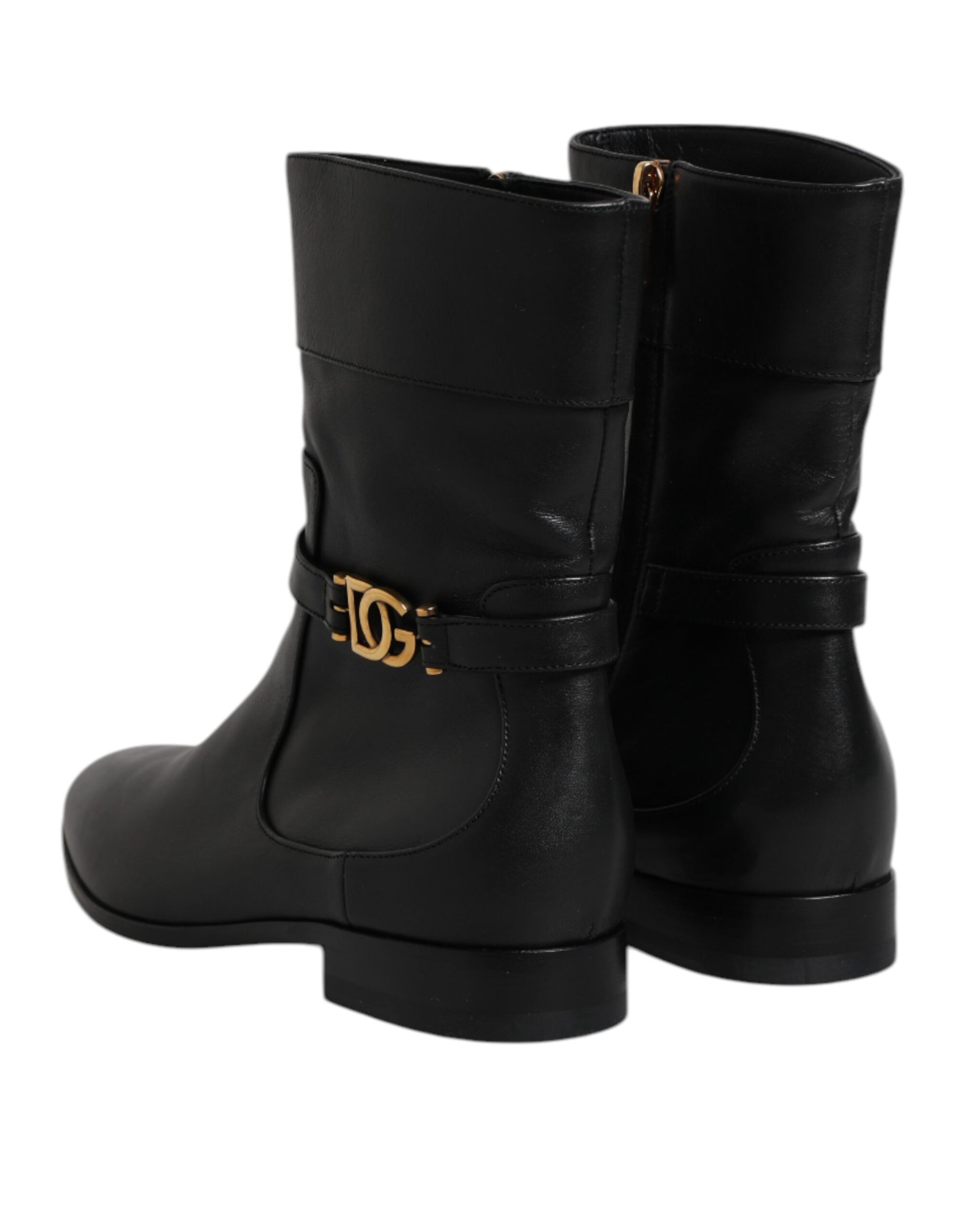 Dolce & Gabbana Black Leather Flats Logo Short Boots Shoes