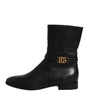 Dolce & Gabbana Black Leather Flats Logo Short Boots Shoes