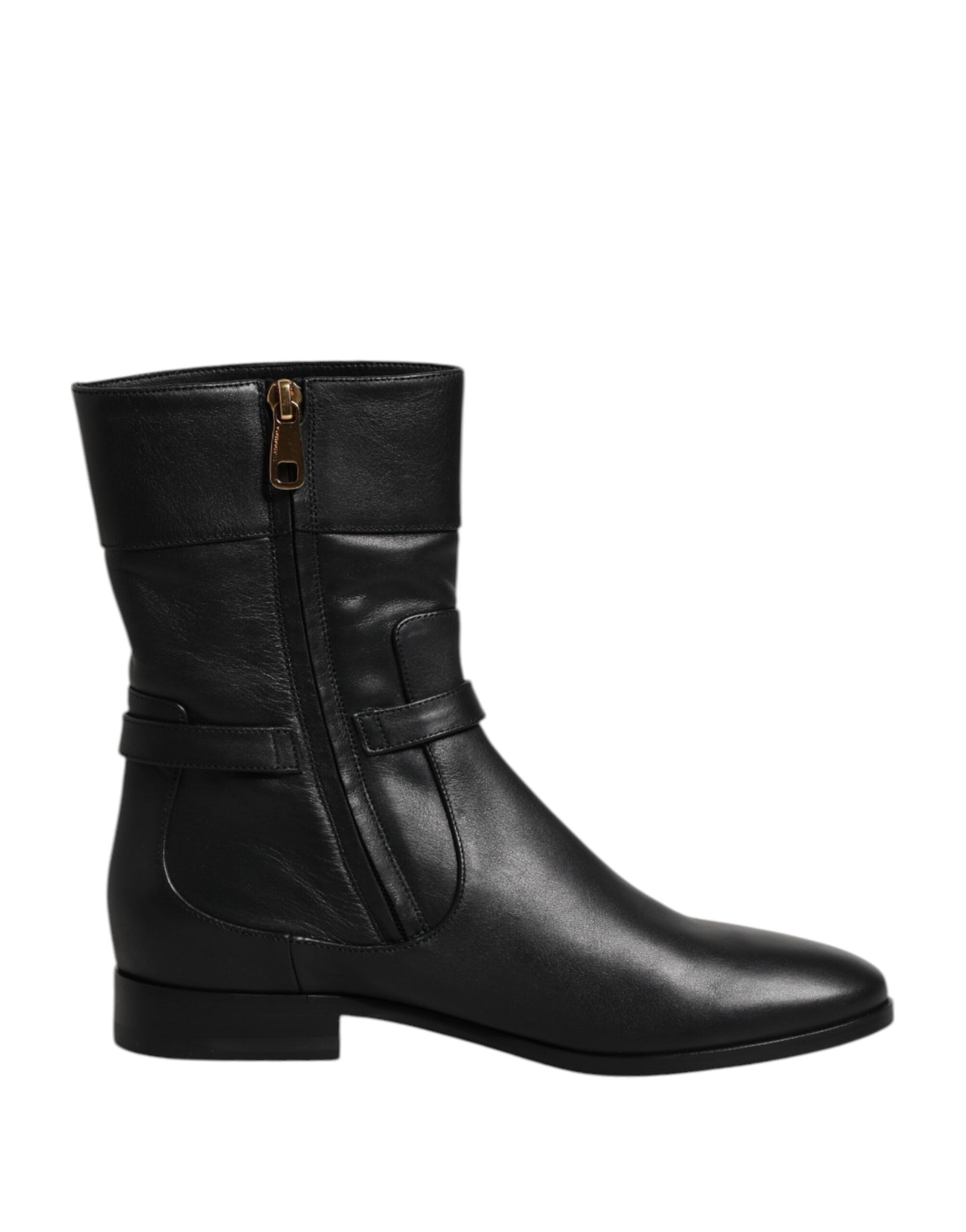 Dolce &amp; Gabbana Black Leather Flats Logo Short Boots Shoes