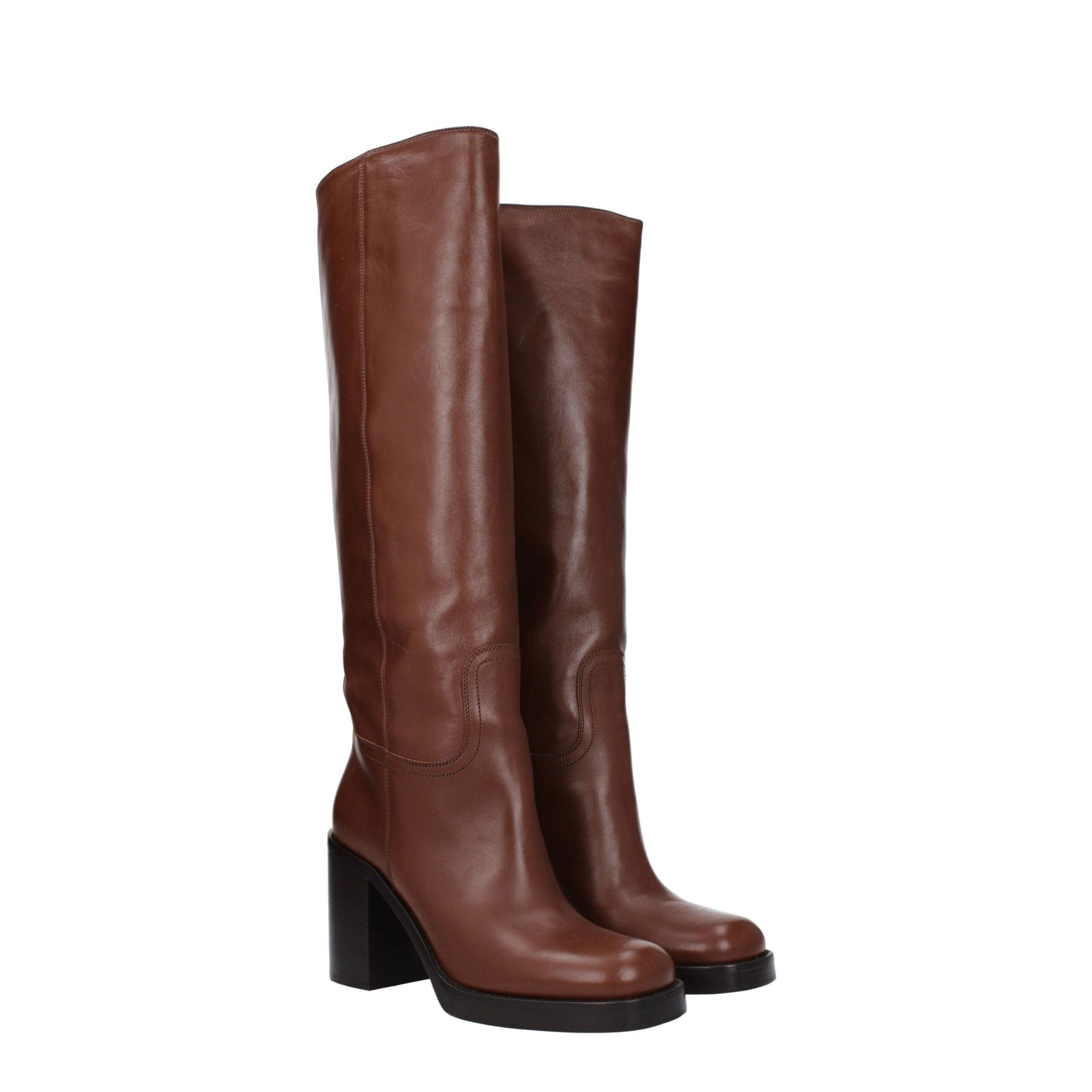 Bottes à talons hauts en cuir marron Prada