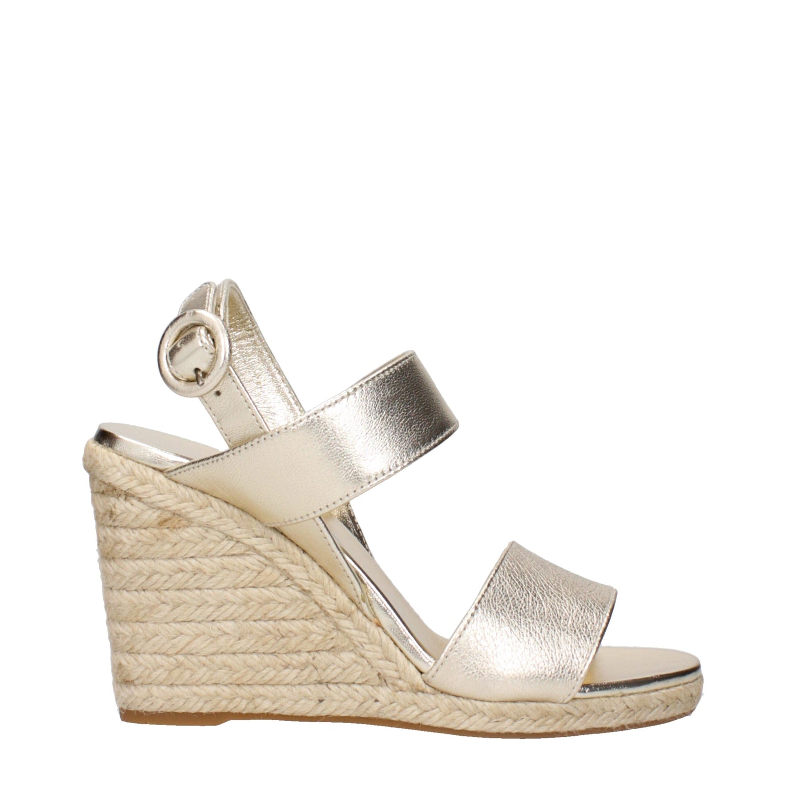 Sandales compensées en cuir doré Prada